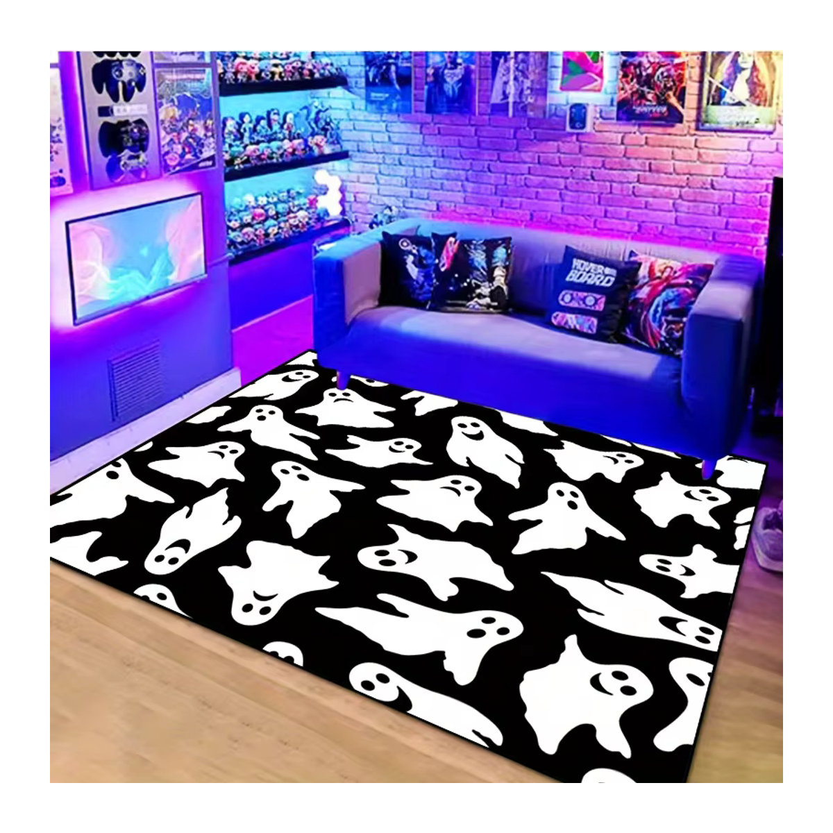Halloween Ghost Pattern Teppich mit Geistermuster, rutschfest und maschinell gefertigt, schwarz-weiß, rechteckig für Wohnzimmer und Schlafzimmer - Bild 2
