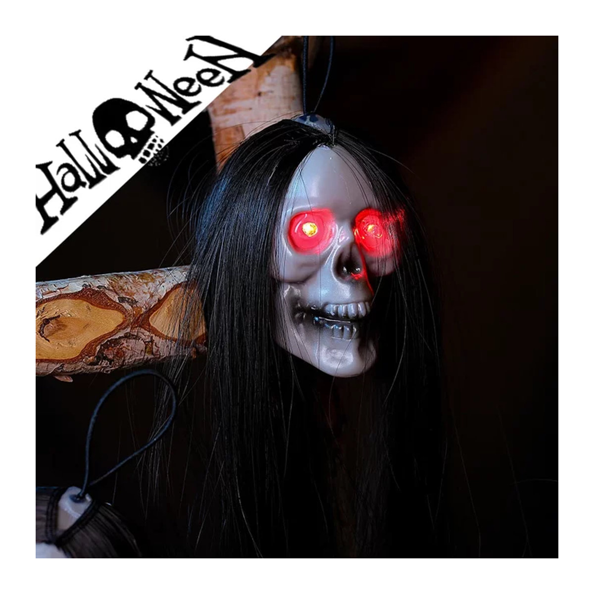 Halloween Hängender Geist mit Schädel, langen Haaren und leuchtenden Augen als Terror-Skelett Dekoration - Bild 1