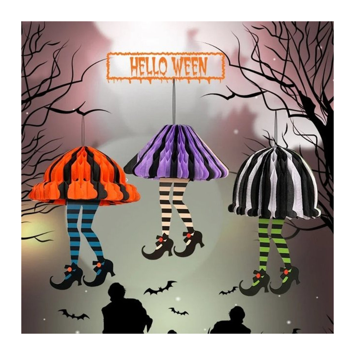 Halloween Hexe Bein Socken Dekoration aus Papier in Orange und Multicolor zum Aufhängen für DIY Bastelarbeiten - Bild 1