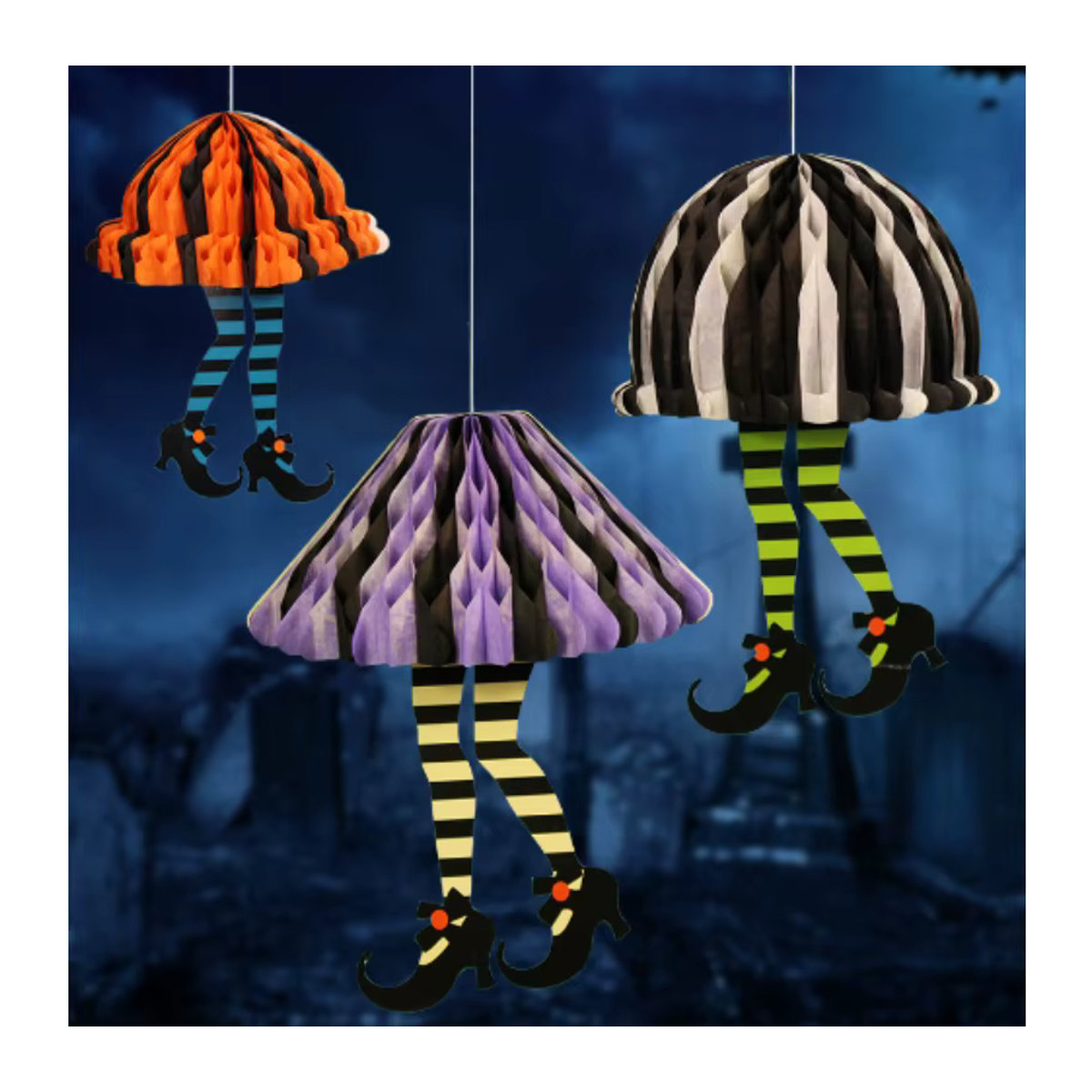 Halloween Hexe Bein Socken Dekoration aus Papier in Orange und Multicolor zum Aufhängen für DIY Bastelarbeiten - Bild 2