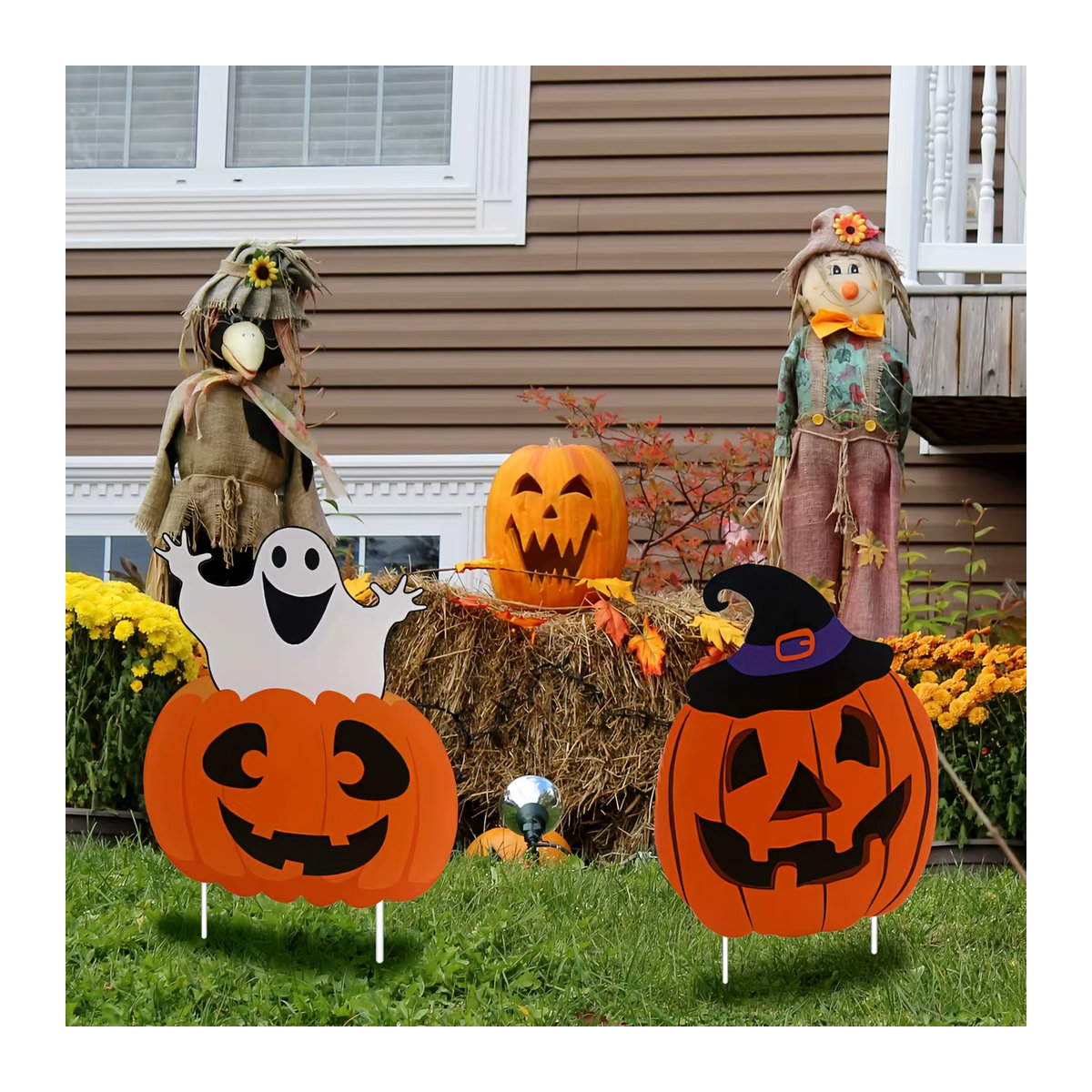 Halloween Hof-Dekoration mit Pfählen, Kürbis und Skelett in Orange - Bild 3