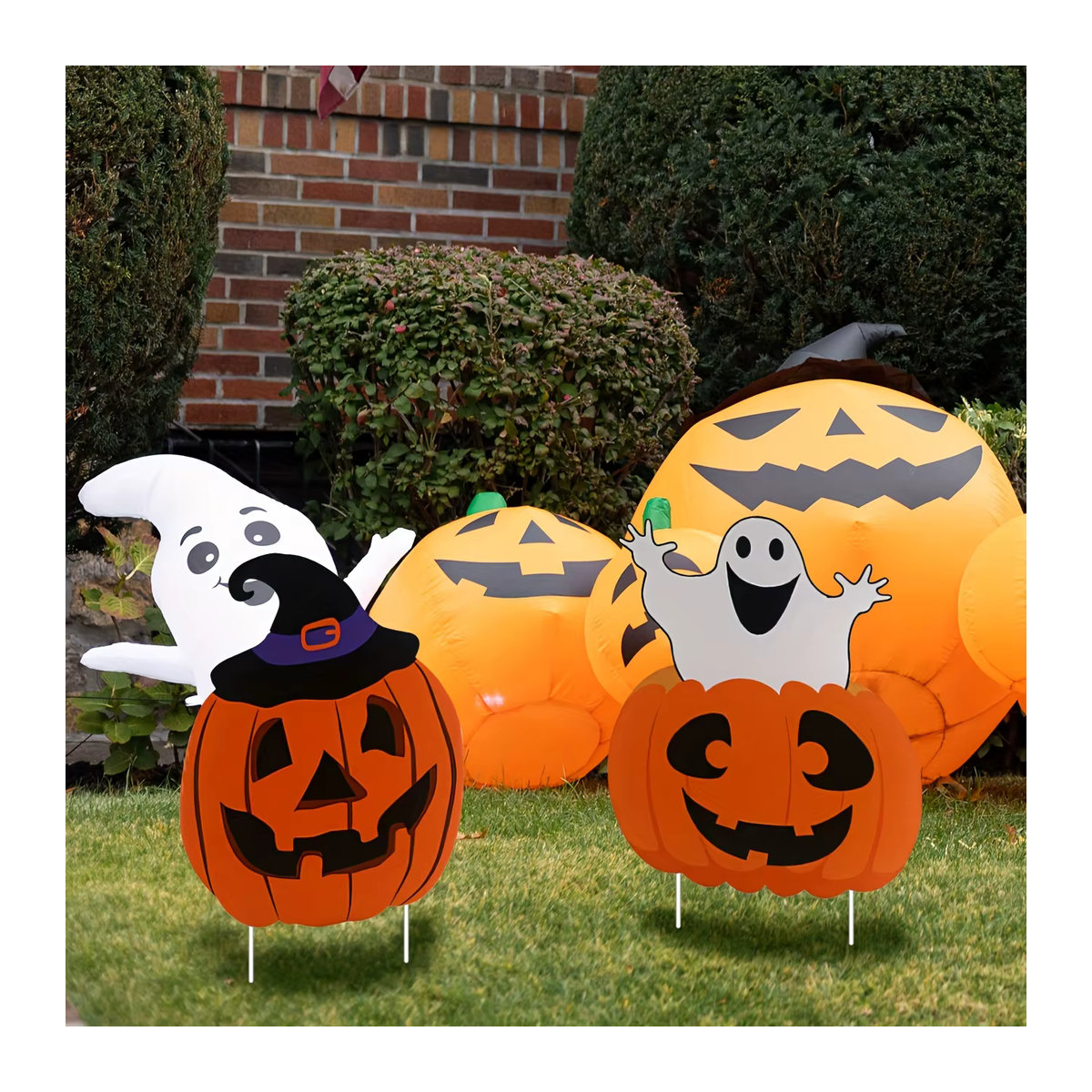 Halloween Hof-Dekoration mit Pfählen, Kürbis und Skelett in Orange - Bild 4
