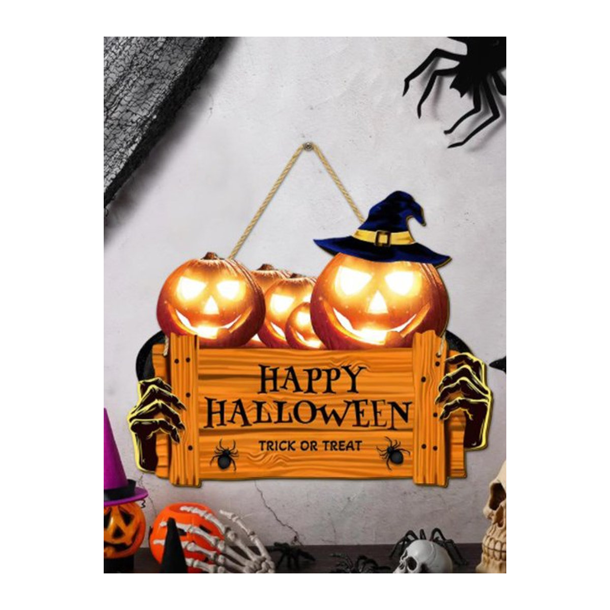 Halloween Holzschild mit orangefarbenem Kürbis und Hut zur Dekoration - Bild 1