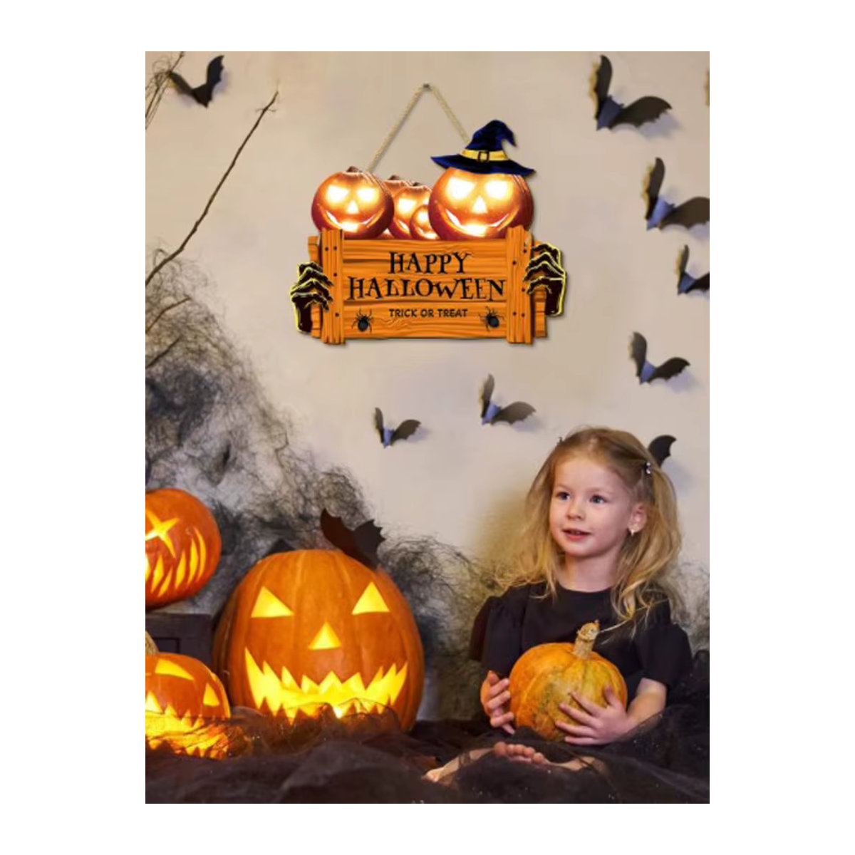 Halloween Holzschild mit orangefarbenem Kürbis und Hut zur Dekoration - Bild 2