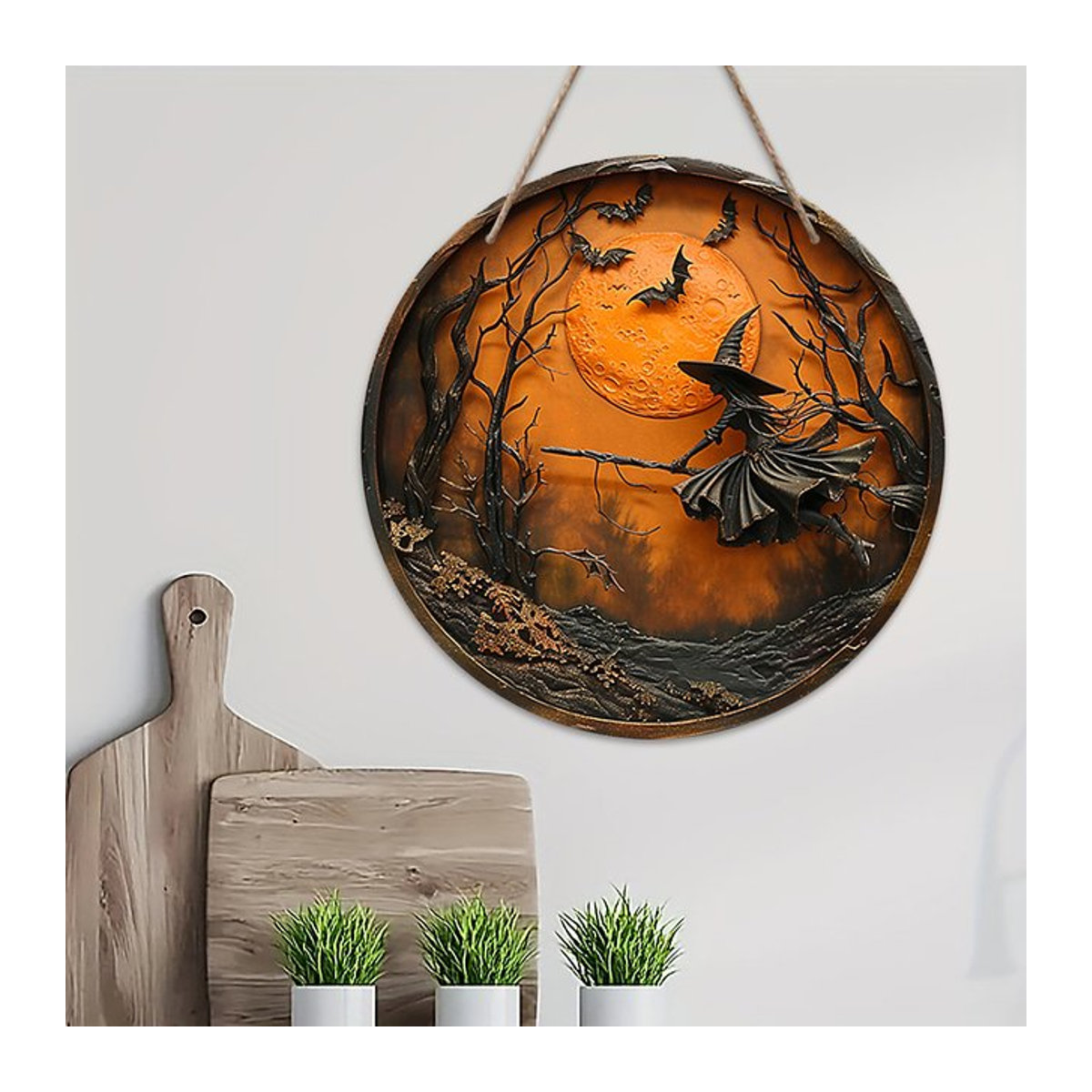 Halloween Holzwandmalerei Hexe auf Besen im klassischen Stil, rundes Holzschild, Durchmesser: 20,32 cm, Farbe: Rot - Bild 1