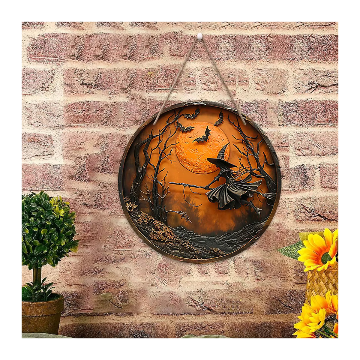 Halloween Holzwandmalerei Hexe auf Besen im klassischen Stil, rundes Holzschild, Durchmesser: 20,32 cm, Farbe: Rot - Bild 2