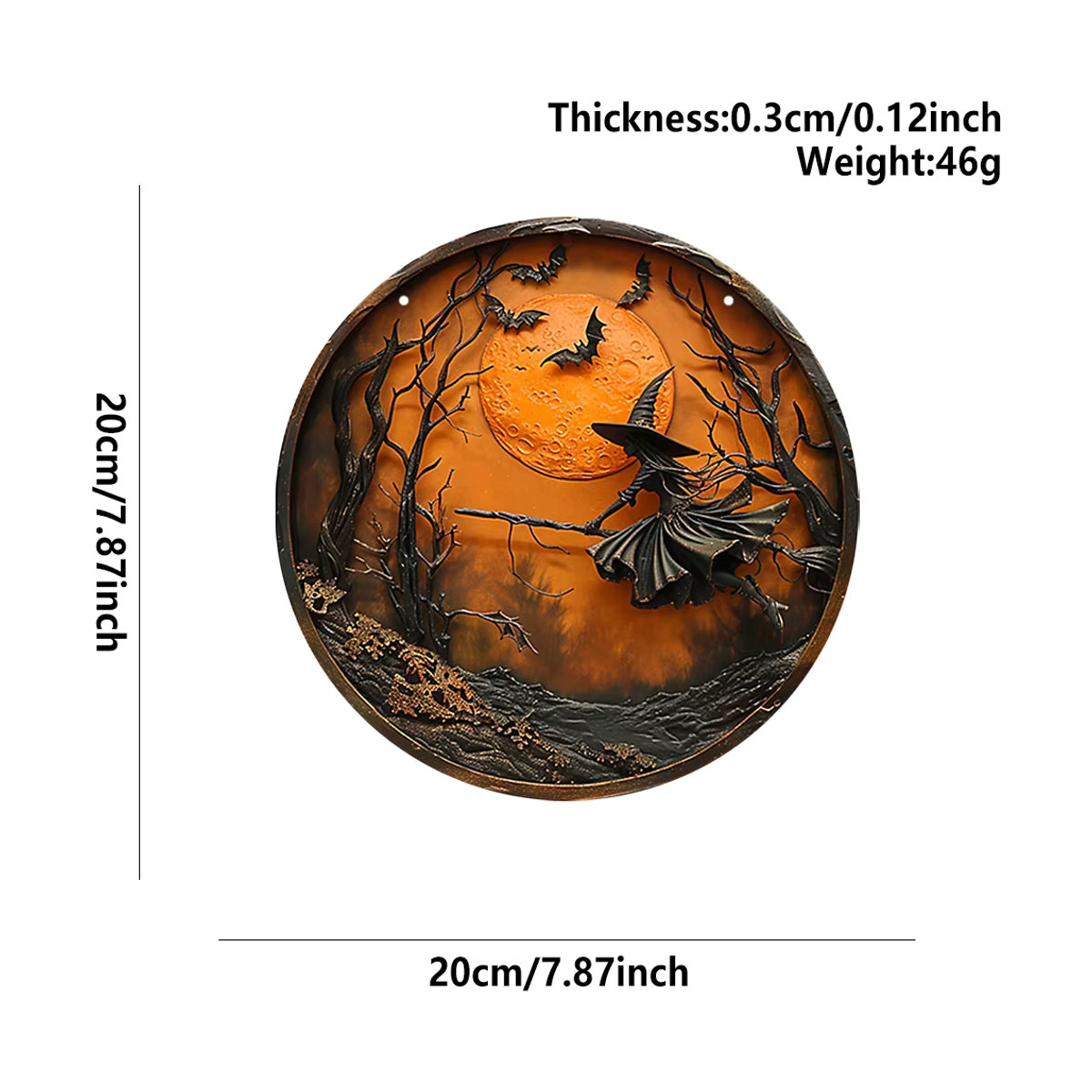 Halloween Holzwandmalerei Hexe auf Besen im klassischen Stil, rundes Holzschild, Durchmesser: 20,32 cm, Farbe: Rot - Bild 5