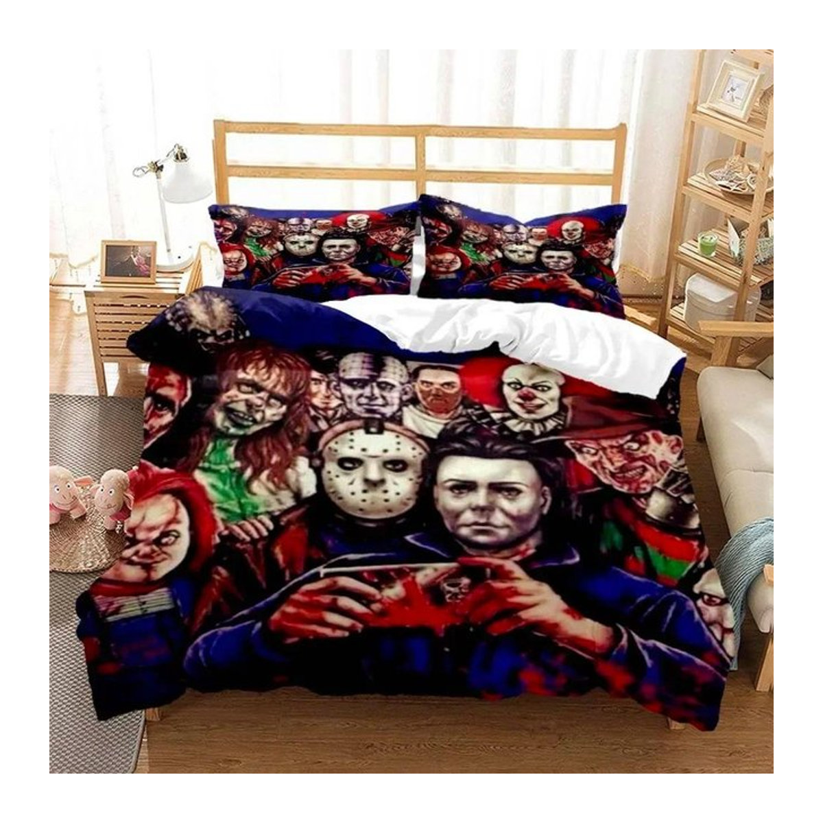 Halloween Horrorfilm Clown Bettwäsche Set mit 3D-Druck und Kissenbezügen, Multicolor, B/H: 135 x 200 cm - Bild 1