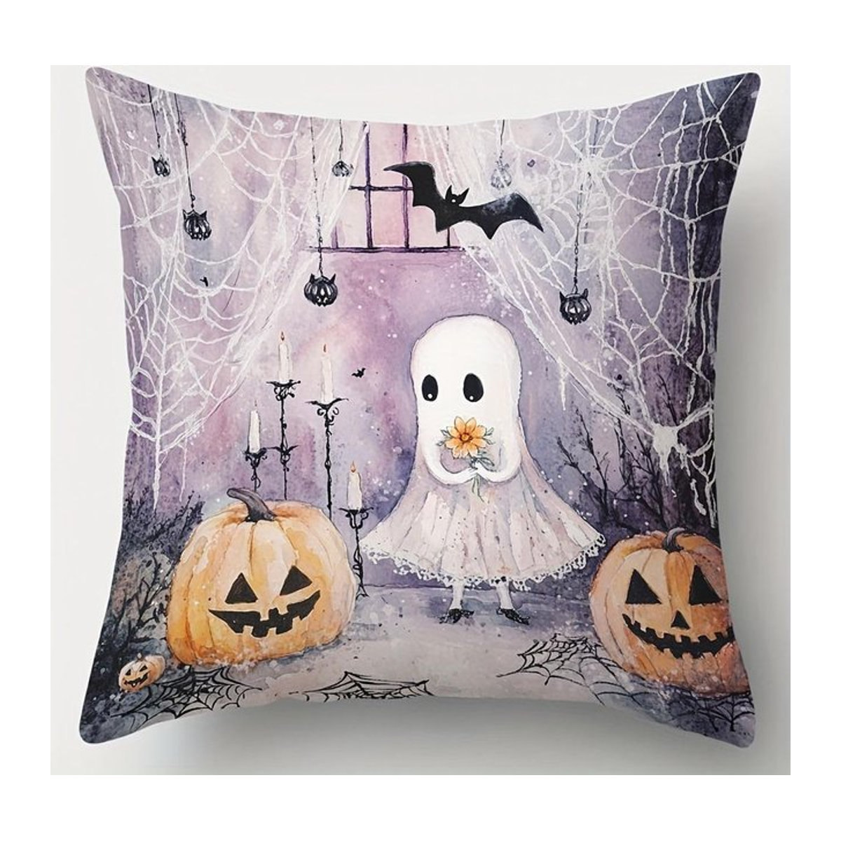 Halloween Kissenbezug mit Geist und Kürbis Muster in Multicolor, Peach Skin Material, B/B: 18 x 18 cm - Bild 1