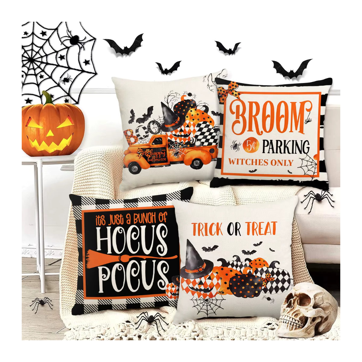Halloween Kissenbezüge Set mit Kürbis, Geist, Spinnennetz und Fledermaus, einseitig bedruckt, Multicolor - Bild 5