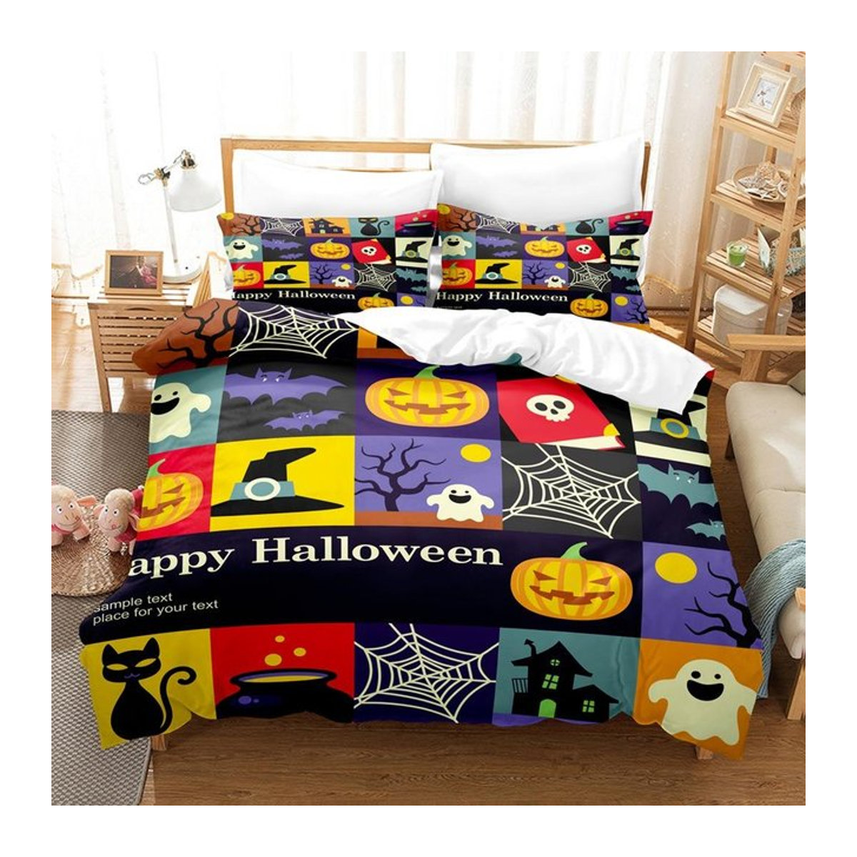Halloween Kürbis Cartoon Bettwäscheset mit Kissenbezug, bunt, B/H: 135 x 200 cm - Bild 1