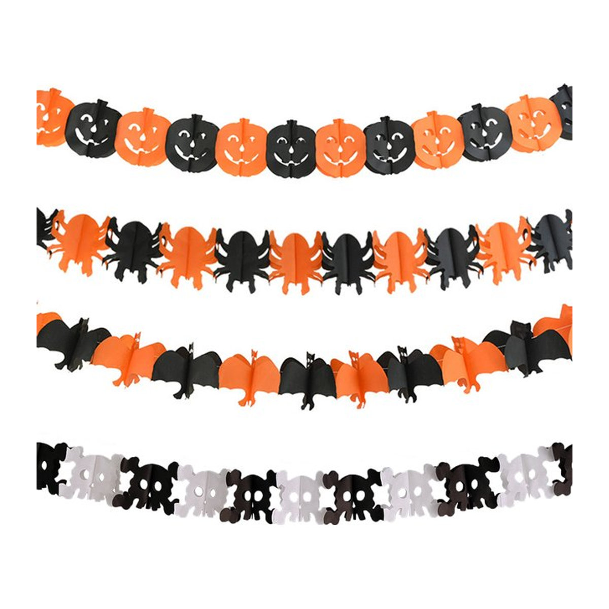 Halloween Papier Banner mit Fledermaus, Kürbis, Hexe, Spinne und Schädel in Orange, Schwarz und Weiß zum Aufhängen - Bild 1