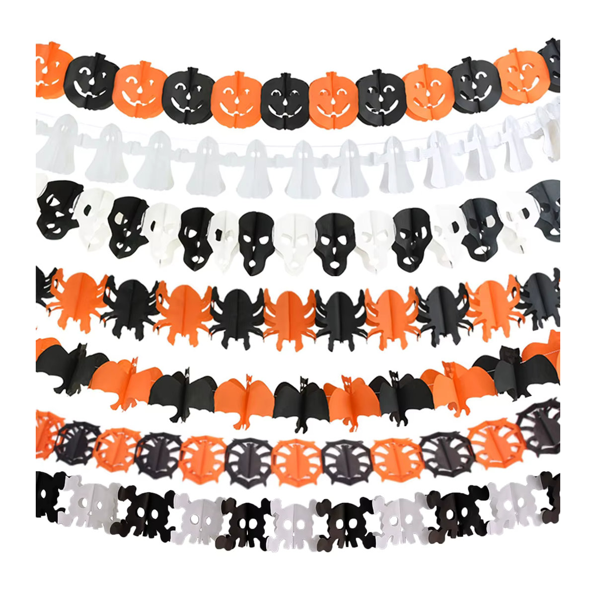 Halloween Papier Banner mit Fledermaus, Kürbis, Hexe, Spinne und Schädel in Orange, Schwarz und Weiß zum Aufhängen - Bild 2