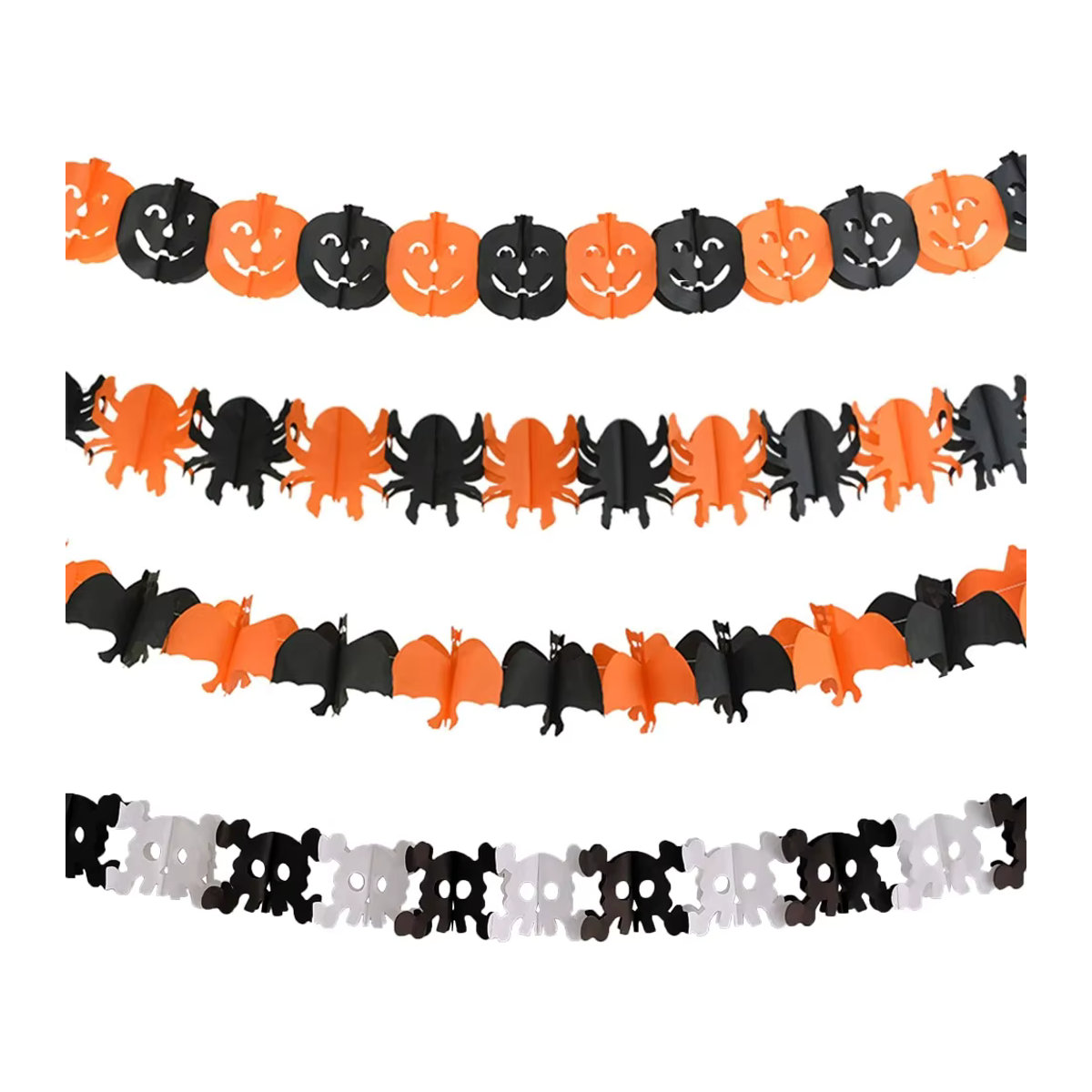 Halloween Papier Banner mit Fledermaus, Kürbis, Hexe, Spinne und Schädel in Orange, Schwarz und Weiß zum Aufhängen - Bild 4