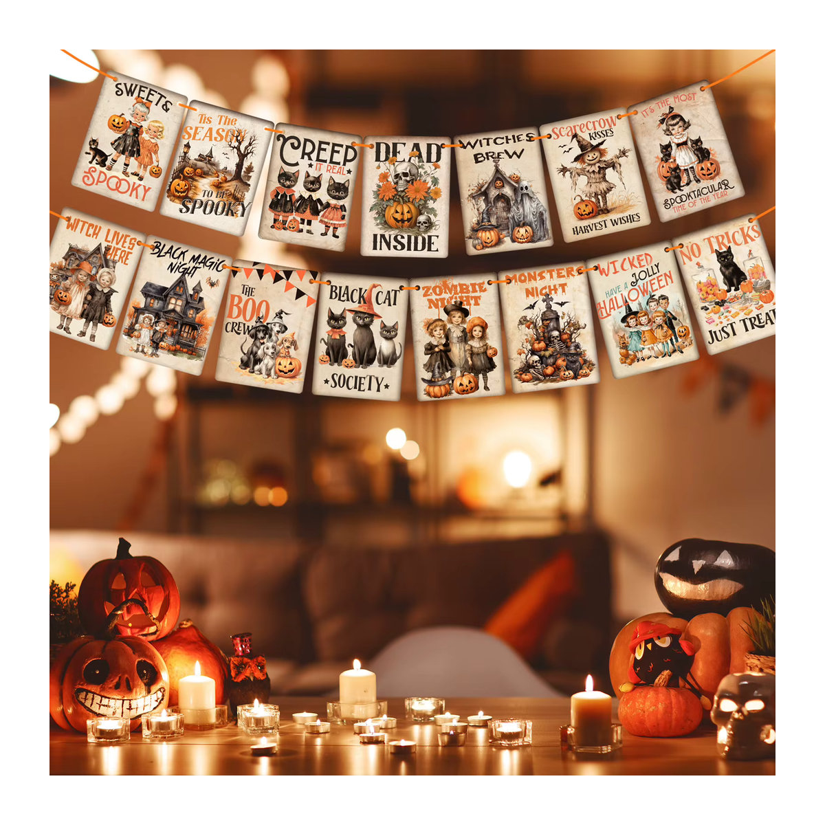 Halloween Süßes oder Saures Banner im Vintage-Stil mit mehrfarbigen Kürbissen als Hängedekoration - Bild 3