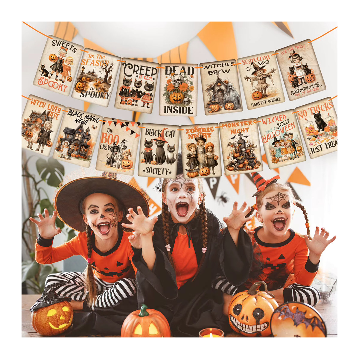 Halloween Süßes oder Saures Banner im Vintage-Stil mit mehrfarbigen Kürbissen als Hängedekoration - Bild 5