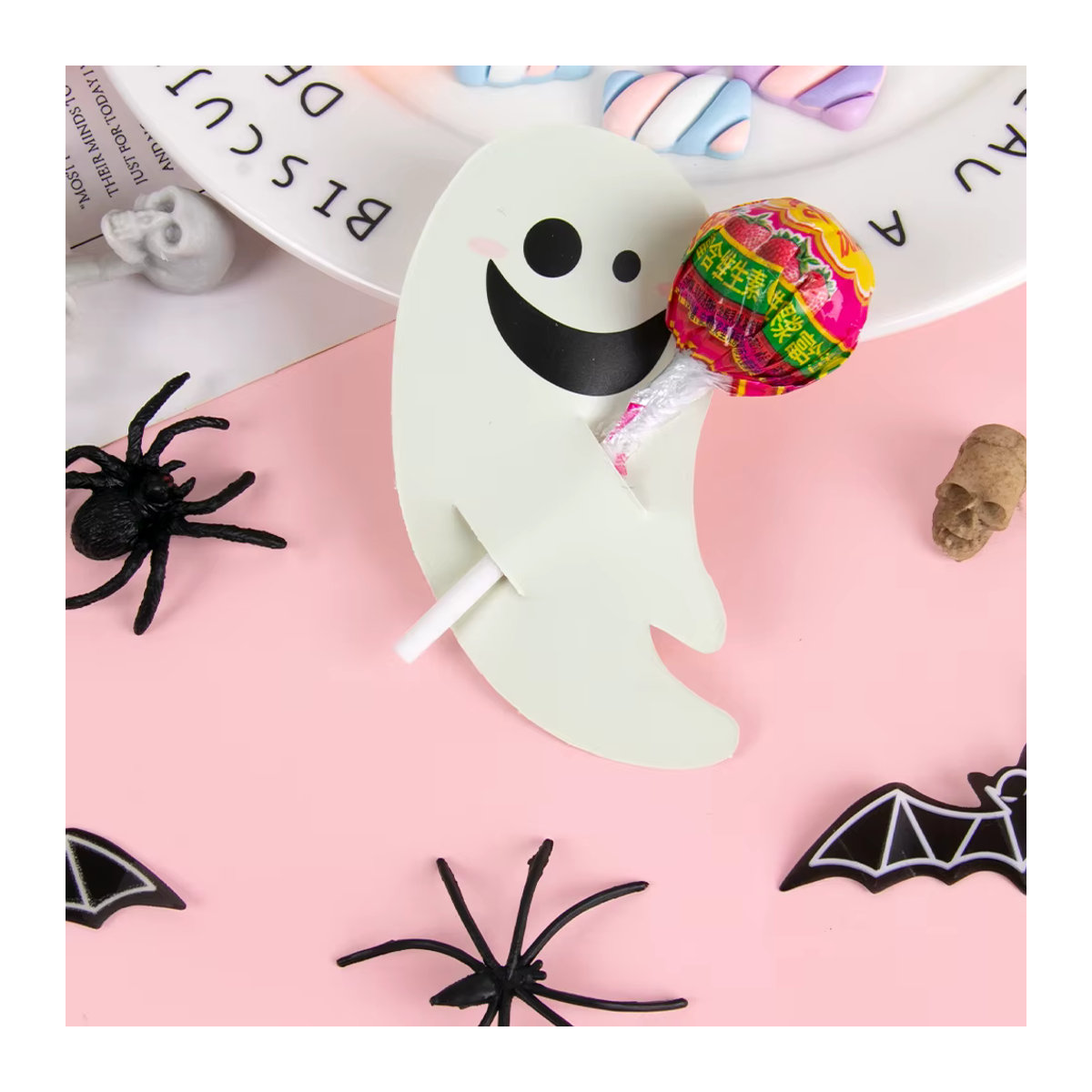 Halloween Süßigkeiten Halter aus Papier mit Kürbis Fledermaus und Geist Motiven für deine Party Dekoration in Weiß - Bild 1