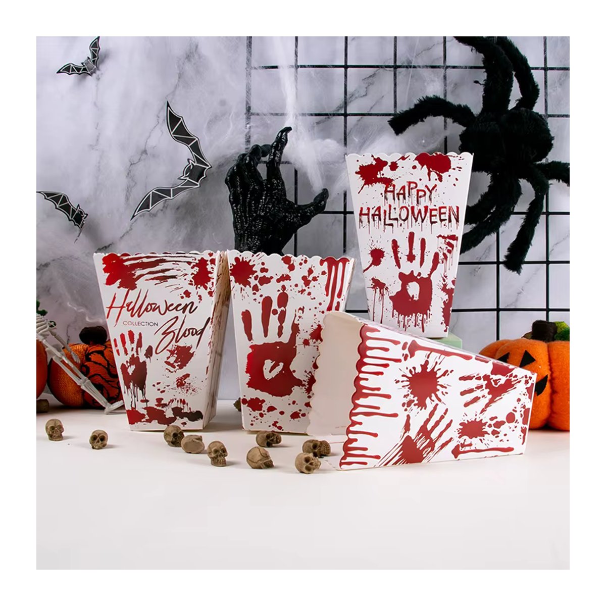 Halloween Süßigkeiten Tüte mit blutigem Handabdruck in Weiß aus Papier für Partyzubehör und Geschenke - Bild 3