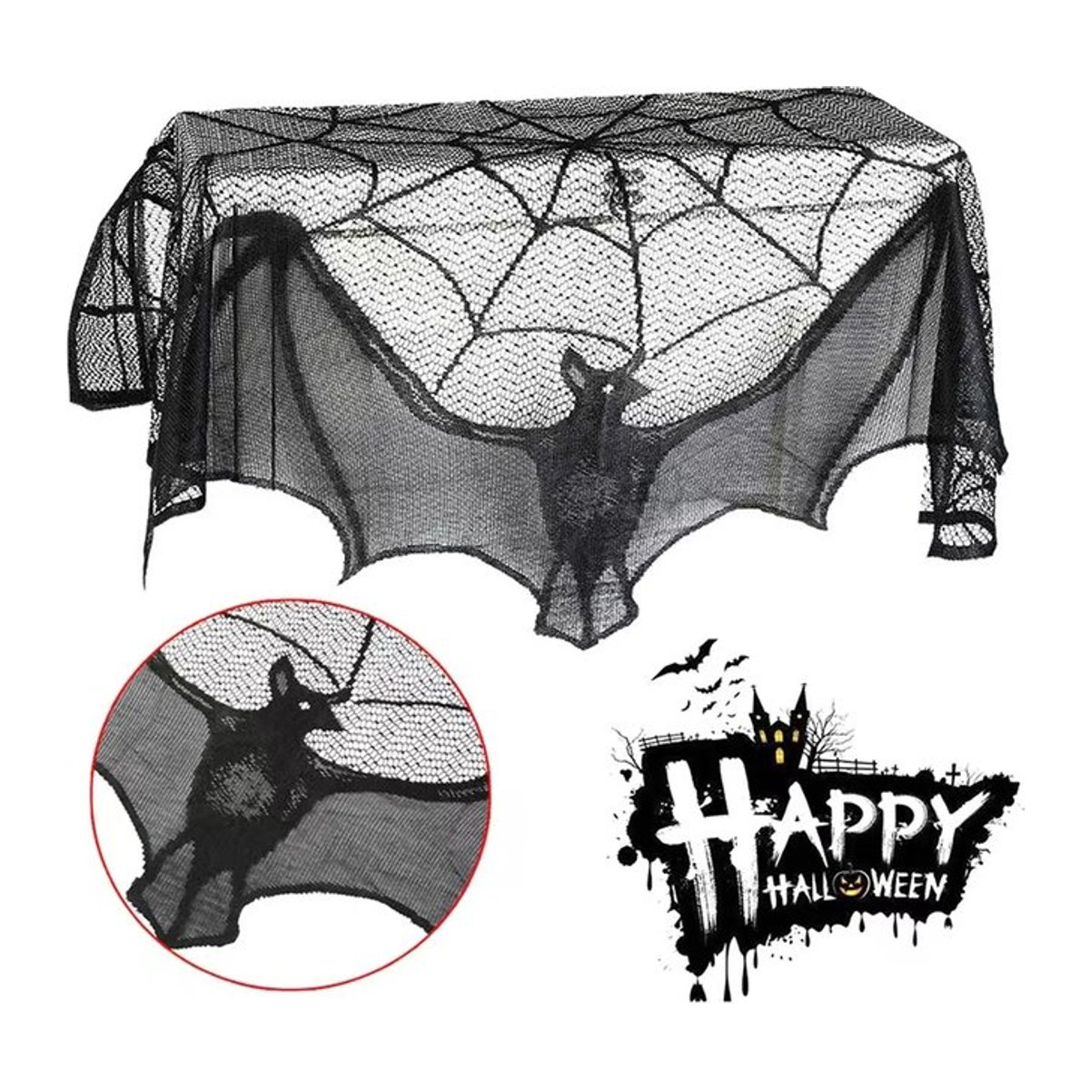Halloween Tischdecke und Kaminsims-Abdeckung mit Spinnennetz- und Fledermaus-Motiv in Schwarz - Bild 1