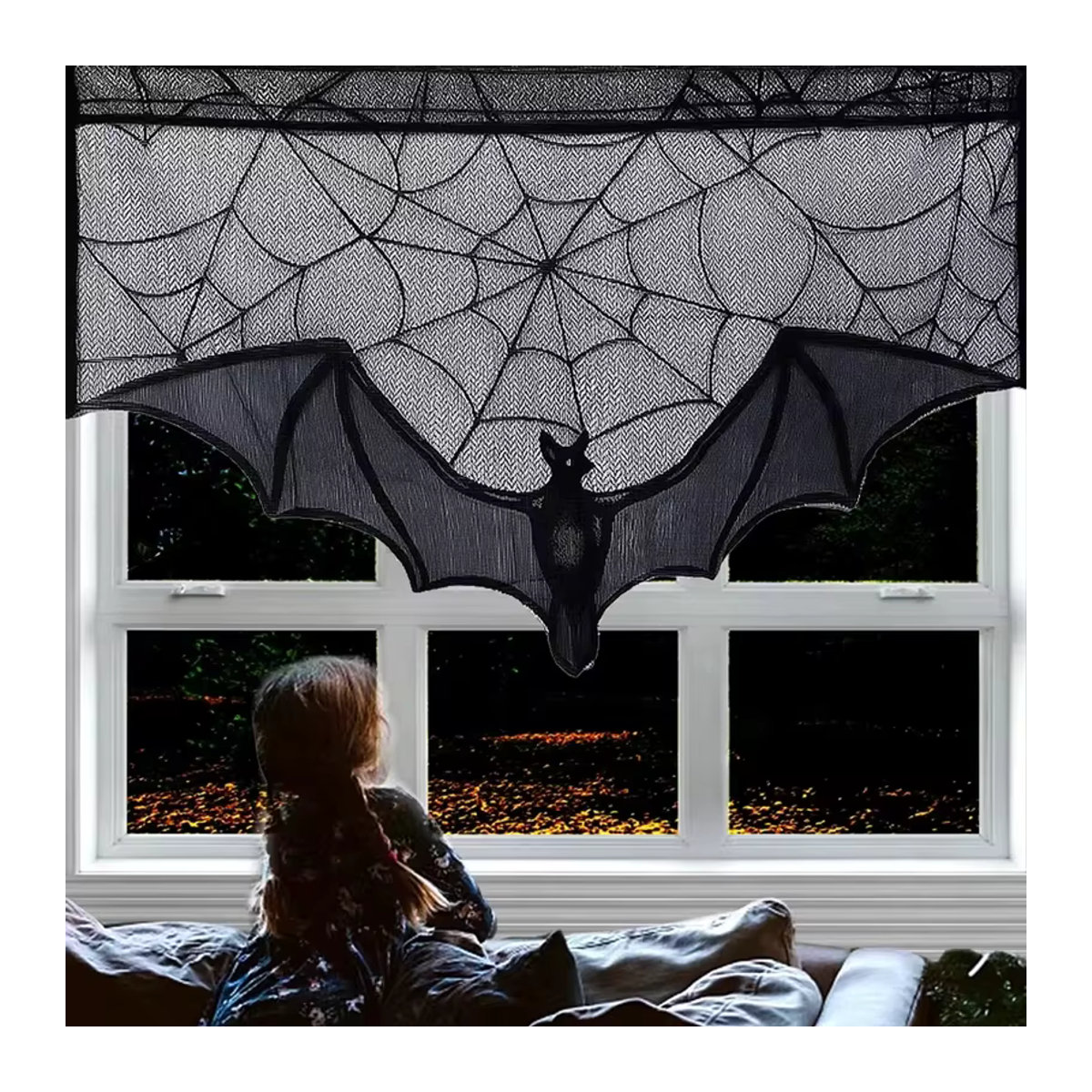 Halloween Tischdecke und Kaminsims-Abdeckung mit Spinnennetz- und Fledermaus-Motiv in Schwarz - Bild 2