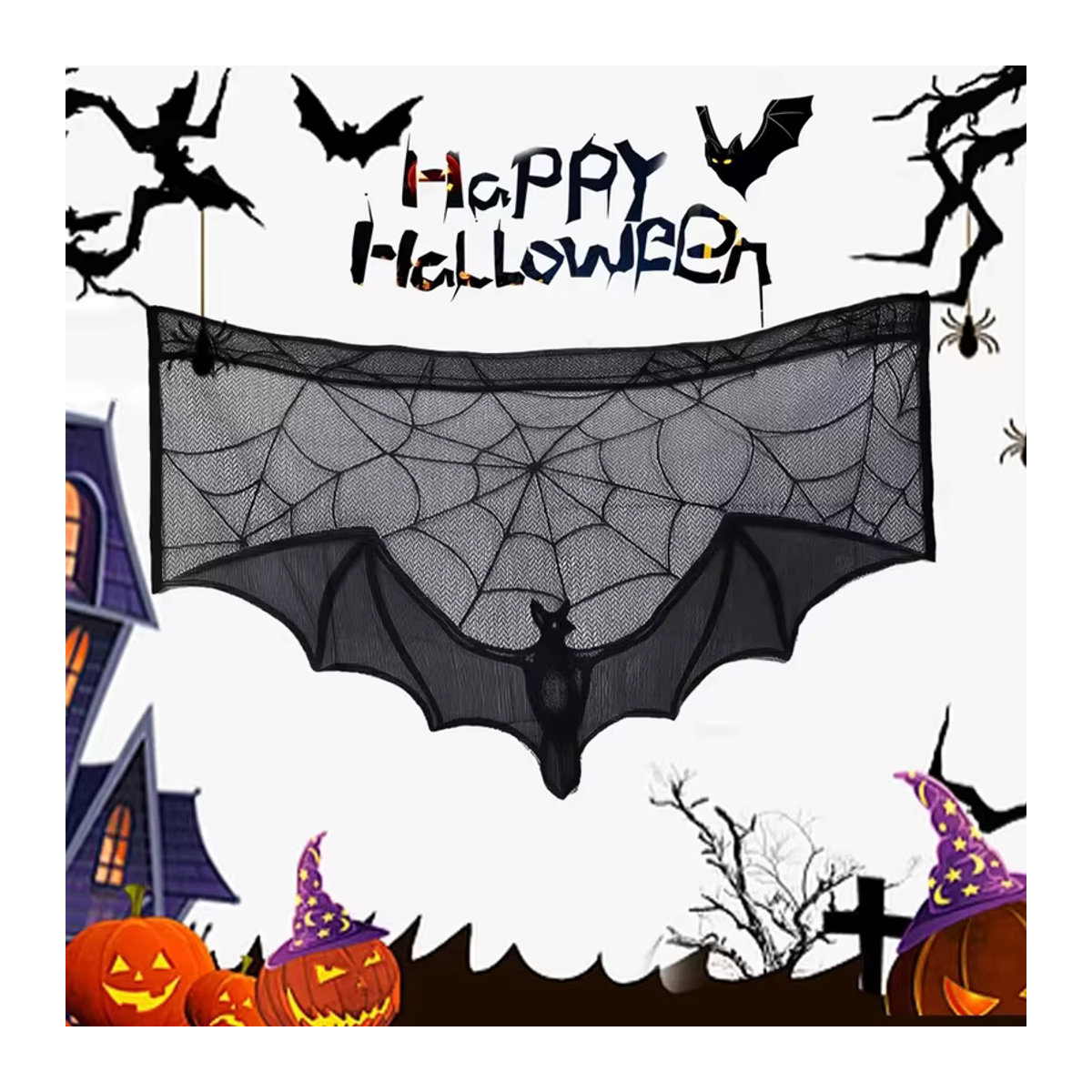Halloween Tischdecke und Kaminsims-Abdeckung mit Spinnennetz- und Fledermaus-Motiv in Schwarz - Bild 4