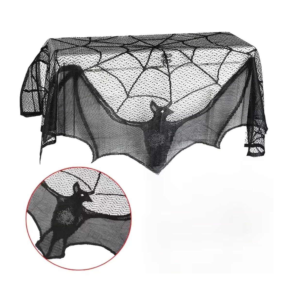 Halloween Tischdecke und Kaminsims-Abdeckung mit Spinnennetz- und Fledermaus-Motiv in Schwarz - Bild 7