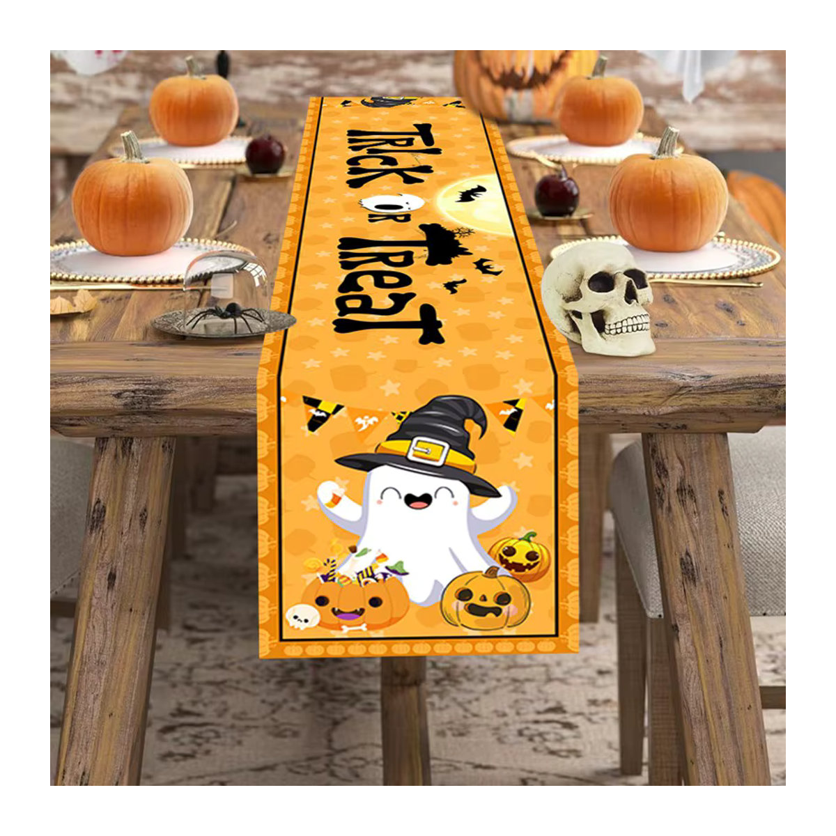 Halloween Tischläufer mit Kürbis, Ghost und Spinnennetz in Orange für deine Dinner Party Dekoration - Bild 3
