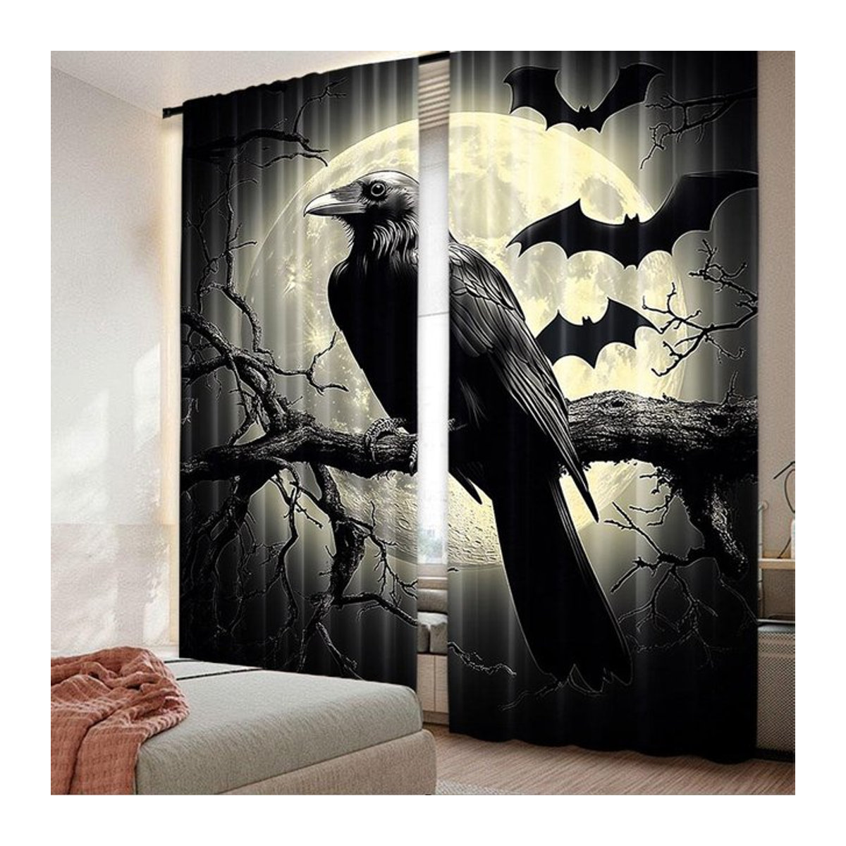Halloween Vorhang Set mit Raben und Fledermäusen in Schwarz, 2er Set aus Polyester, Breite: 100 cm, Höhe: 70 cm - Bild 1