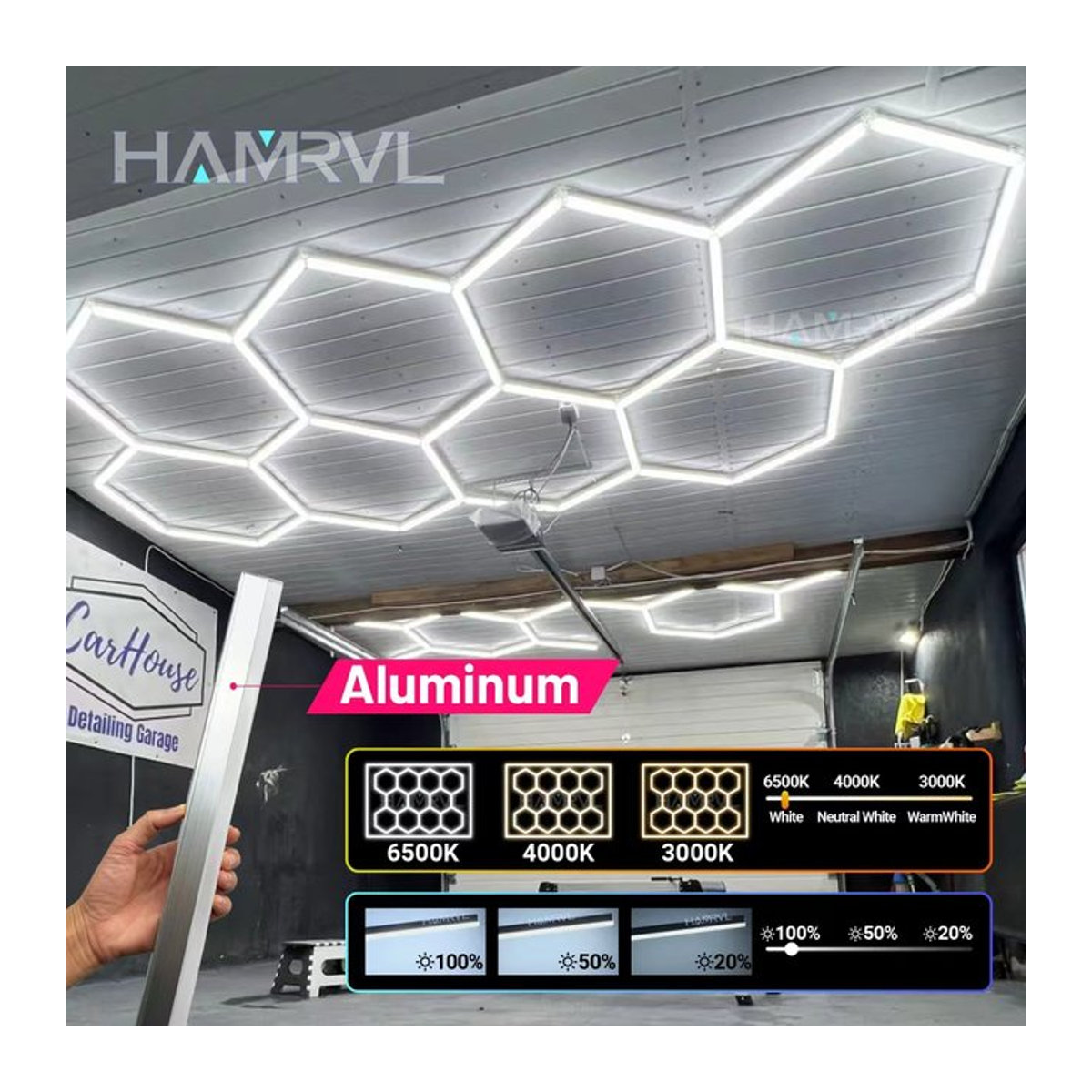 HAMRVL Sechseckige LED-Garagenbeleuchtung aus Aluminium in Alufarben, Dimmbar 3000K-6000K, Modernes Design für Werkstatt, Friseursalon oder Fitnessstudio - Bild 1