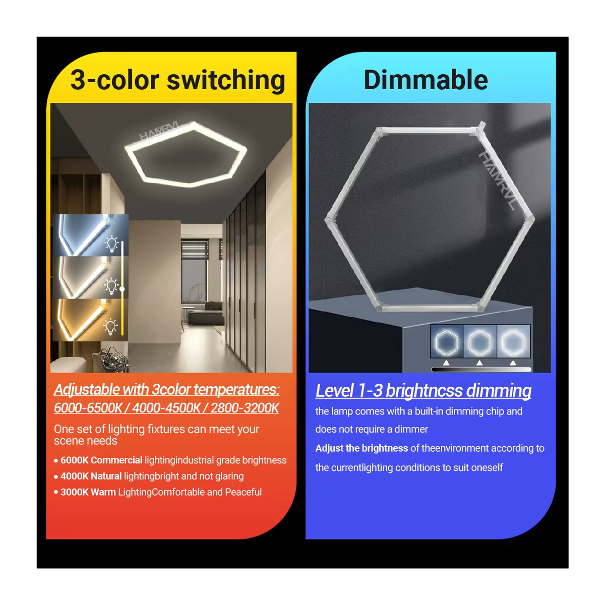 HAMRVL Sechseckige LED-Garagenbeleuchtung aus Aluminium in Alufarben, Dimmbar 3000K-6000K, Modernes Design für Werkstatt, Friseursalon oder Fitnessstudio - Bild 2