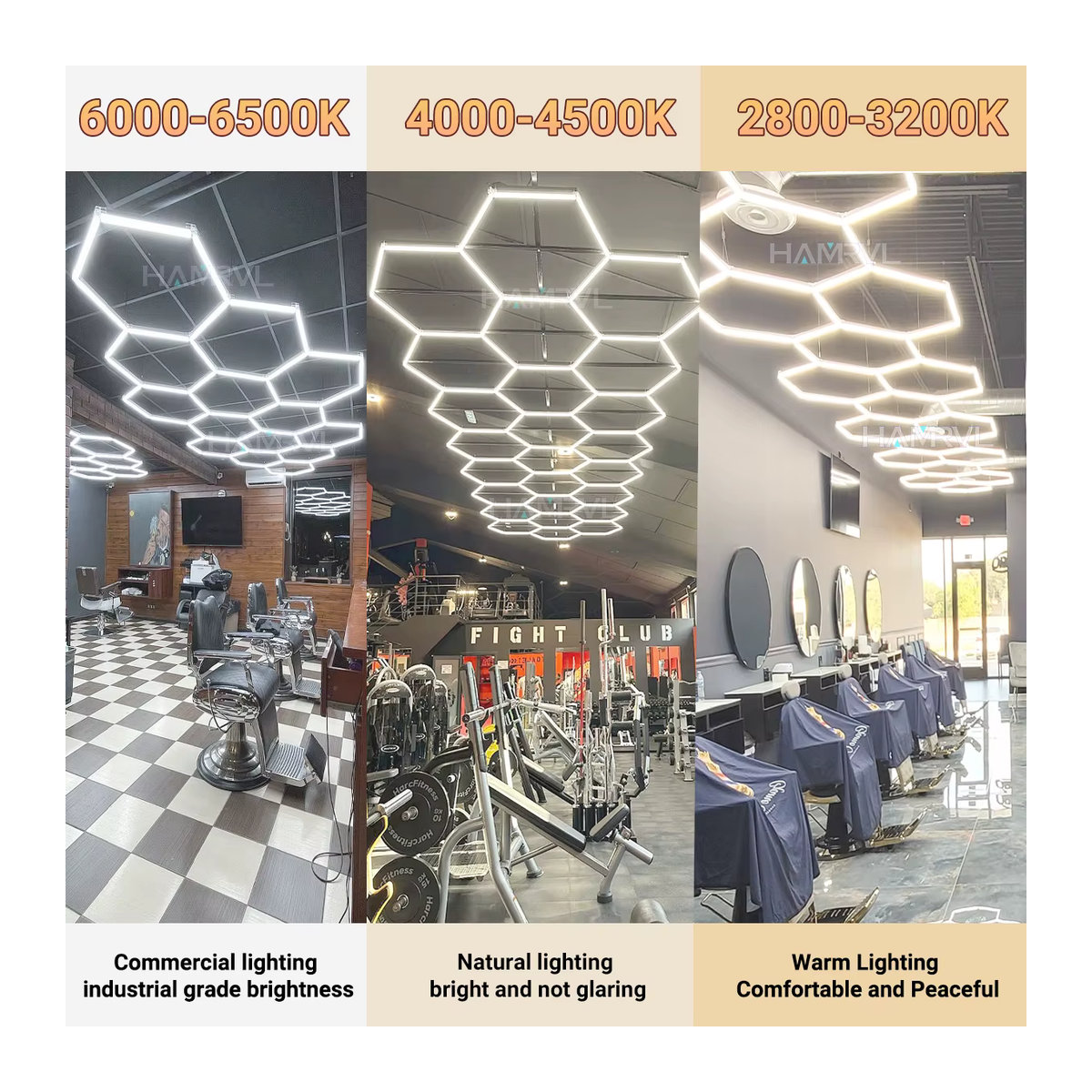 HAMRVL Sechseckige LED-Garagenbeleuchtung aus Aluminium in Alufarben, Dimmbar 3000K-6000K, Modernes Design für Werkstatt, Friseursalon oder Fitnessstudio - Bild 4