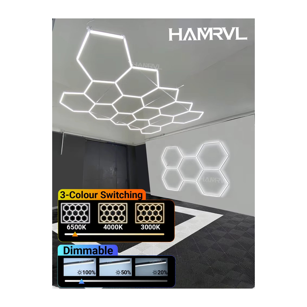 HAMRVL Sechseckige LED-Garagenbeleuchtung aus Aluminium in Alufarben, Dimmbar 3000K-6000K, Modernes Design für Werkstatt, Friseursalon oder Fitnessstudio - Bild 7