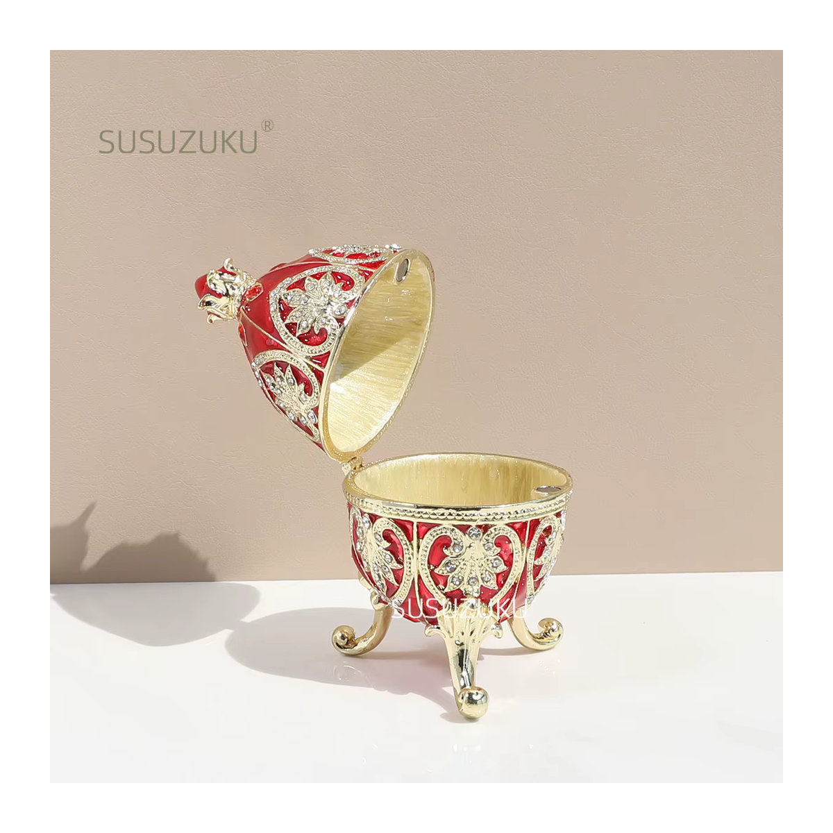 Handbemaltes dekoratives Schmuckkästchen im Faberge-Ei-Stil von GENAUIRSUN, Metall, rot und blau, oval mit floralem Muster - Bild 1