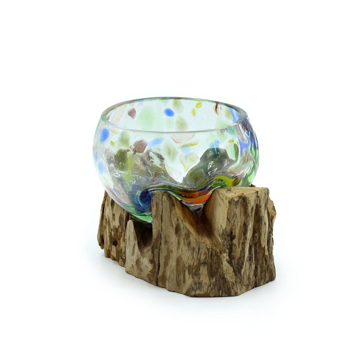 Handgeblasene Glas Schale von SHAMTAM in Multicolor auf Holzsockel, organisch und unregelmäßig geformt - Bild 2