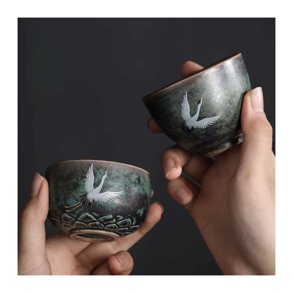 Handgefertigte Retro-Teetasse aus Keramik im Ruihe Chengxiang Crane Design, mehrfarbig und rund - Bild 3