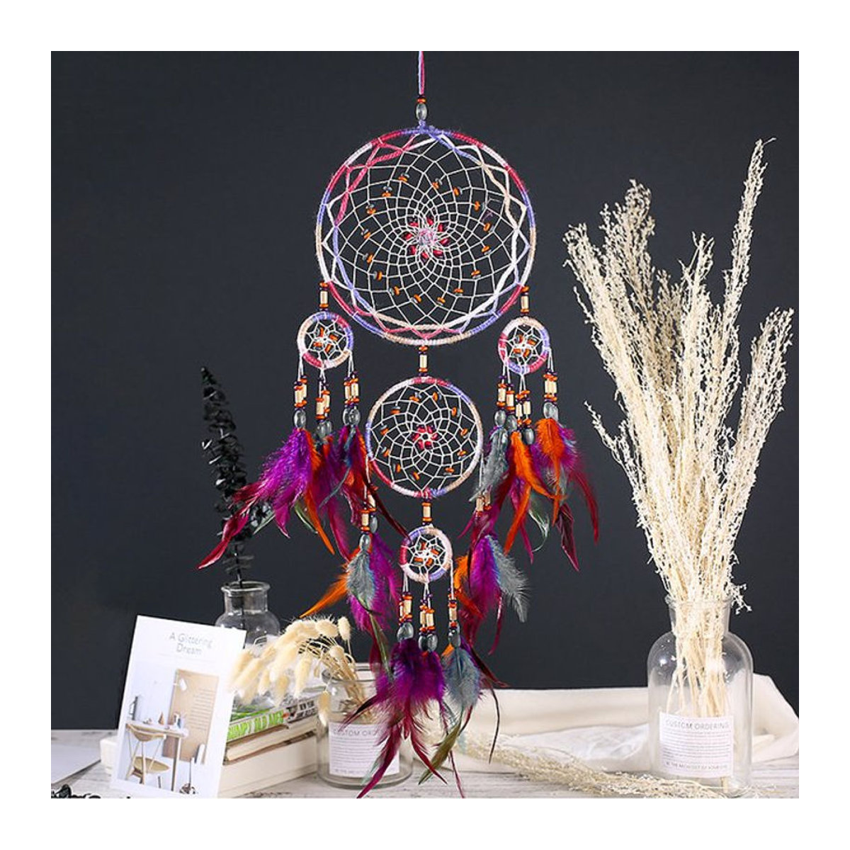 Handgefertigter Dreamcatcher von lazyishhouse mit fünf Ringen in Mehrfarbig, Bohemian Wanddeko mit Federn und geometrischem Design - Bild 1
