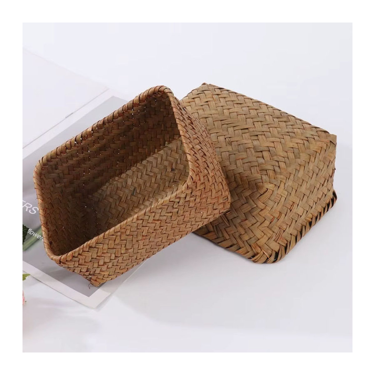 Handgefertigter rechteckiger Aufbewahrungskorb von KANNERT aus Seegras, Stroh und Rattan in Grün und Braun für Obst, Kosmetik oder als Dekoration - Bild 2