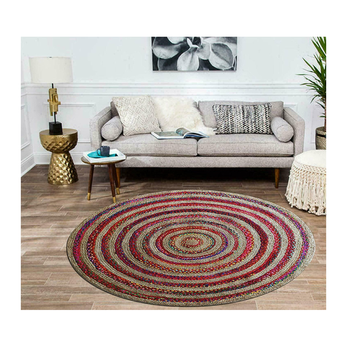 Handgefertigter runder Jute Teppich von King of the Jute Rugs in Bunt, Durchmesser: 90 cm - Bild 2