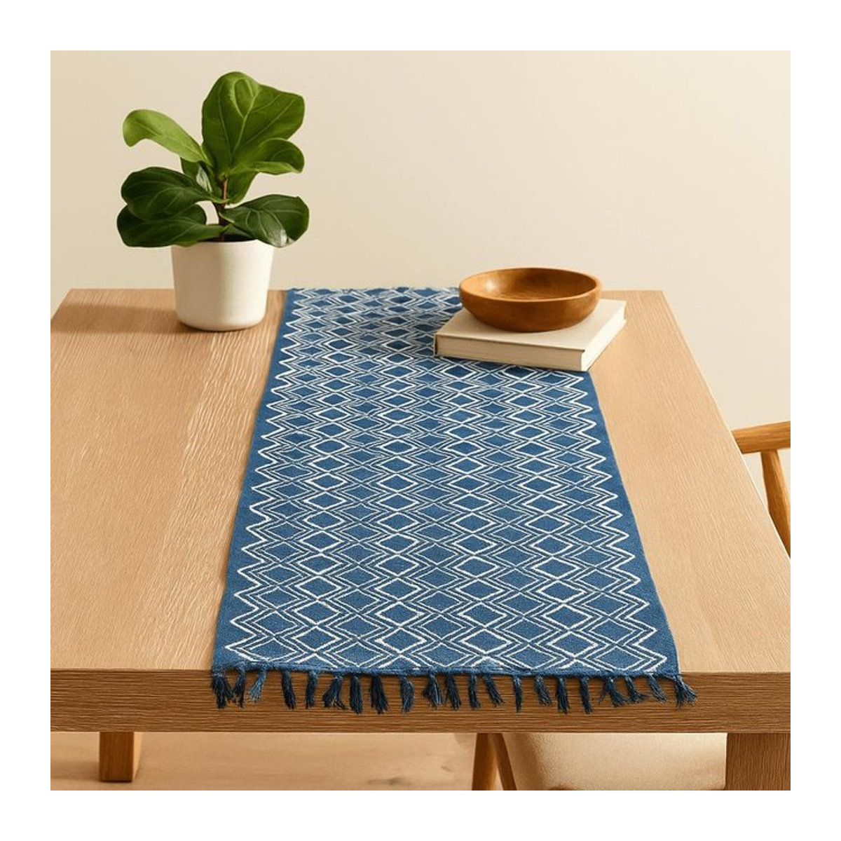 Handgefertigter Tischläufer SHAMTAM Indigo und Cremeweiß mit Heerak Muster B/T: 170 x 60 cm - Bild 1
