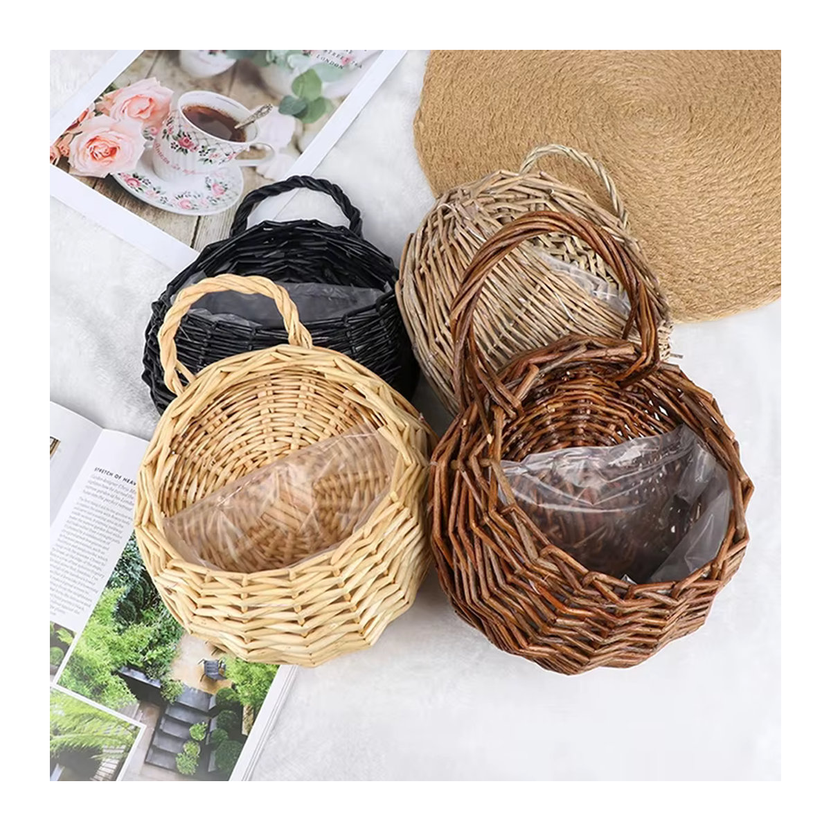 Handgefertigter Wandbehang aus Rattan von TPXCKz, runder Weidenkorb als hängender Pflanztopf im Bohemian-Stil, mehrfarbig - Bild 2