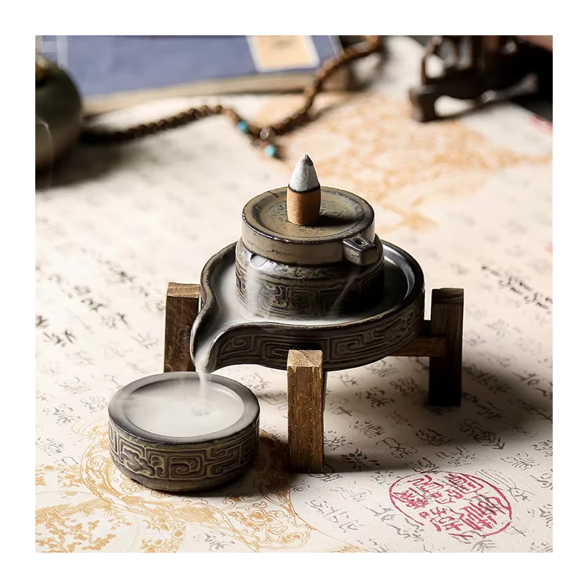 Handgefertigtes Keramik-Räuchergefäß von MINIDEAL in Grau für Zen-Meditation und Rückfluss-Räucherstäbchenhalter mit geometrischem und orientalischem Design - Bild 4
