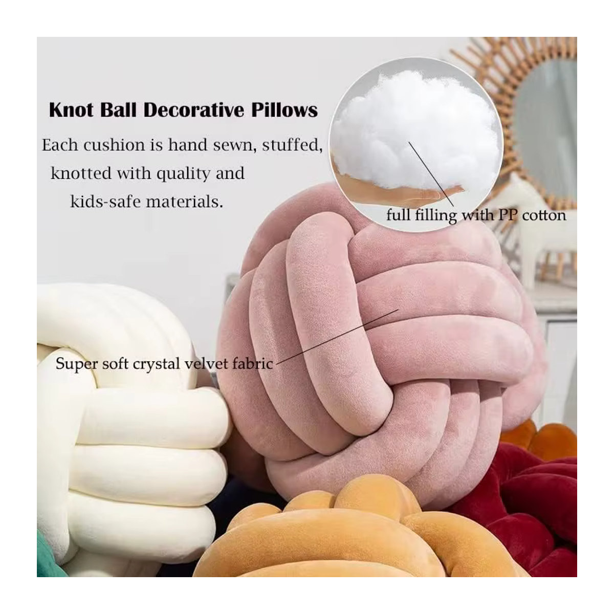Handgemachtes dekoratives Knoten-Kissen in runder Ballform von inyahome in Creme, Weiß und Mehrfarbig - Bild 3