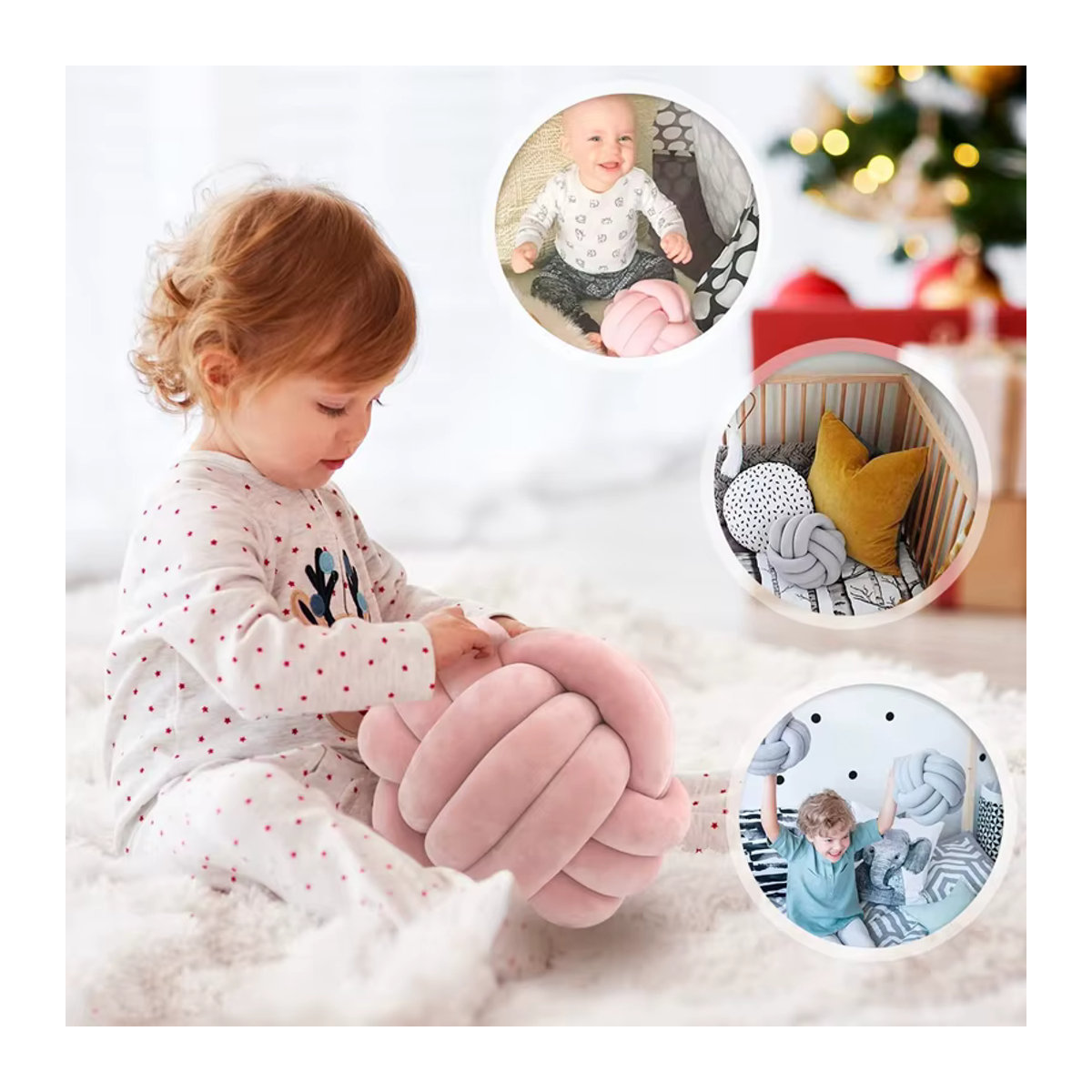 Handgemachtes dekoratives Knoten-Kissen in runder Ballform von inyahome in Creme, Weiß und Mehrfarbig - Bild 4