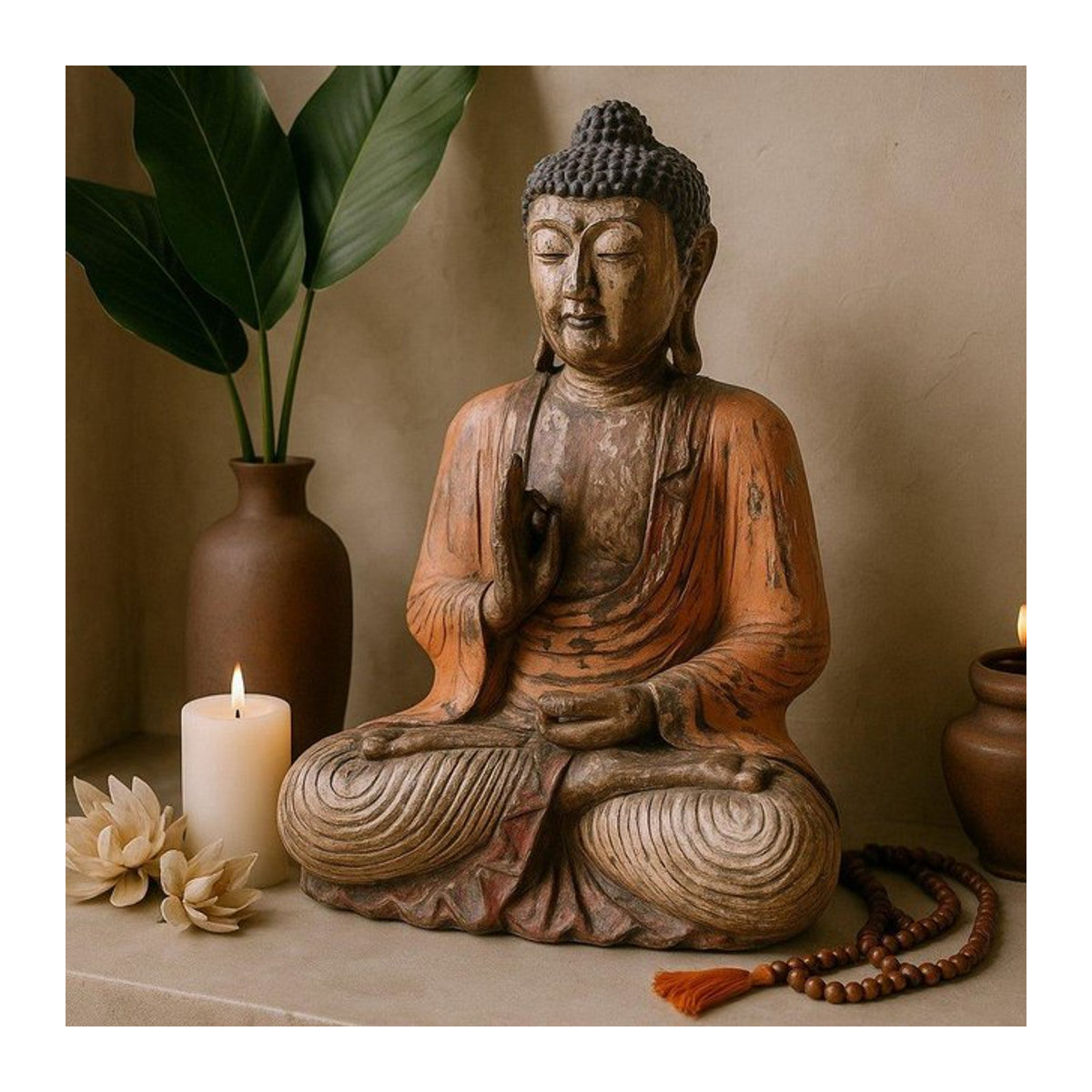 Handgeschnitzte Buddha-Statue aus Suar-Holz von SHAMTAM in Orange und Cremefarben, Höhe: 60 cm - Bild 1