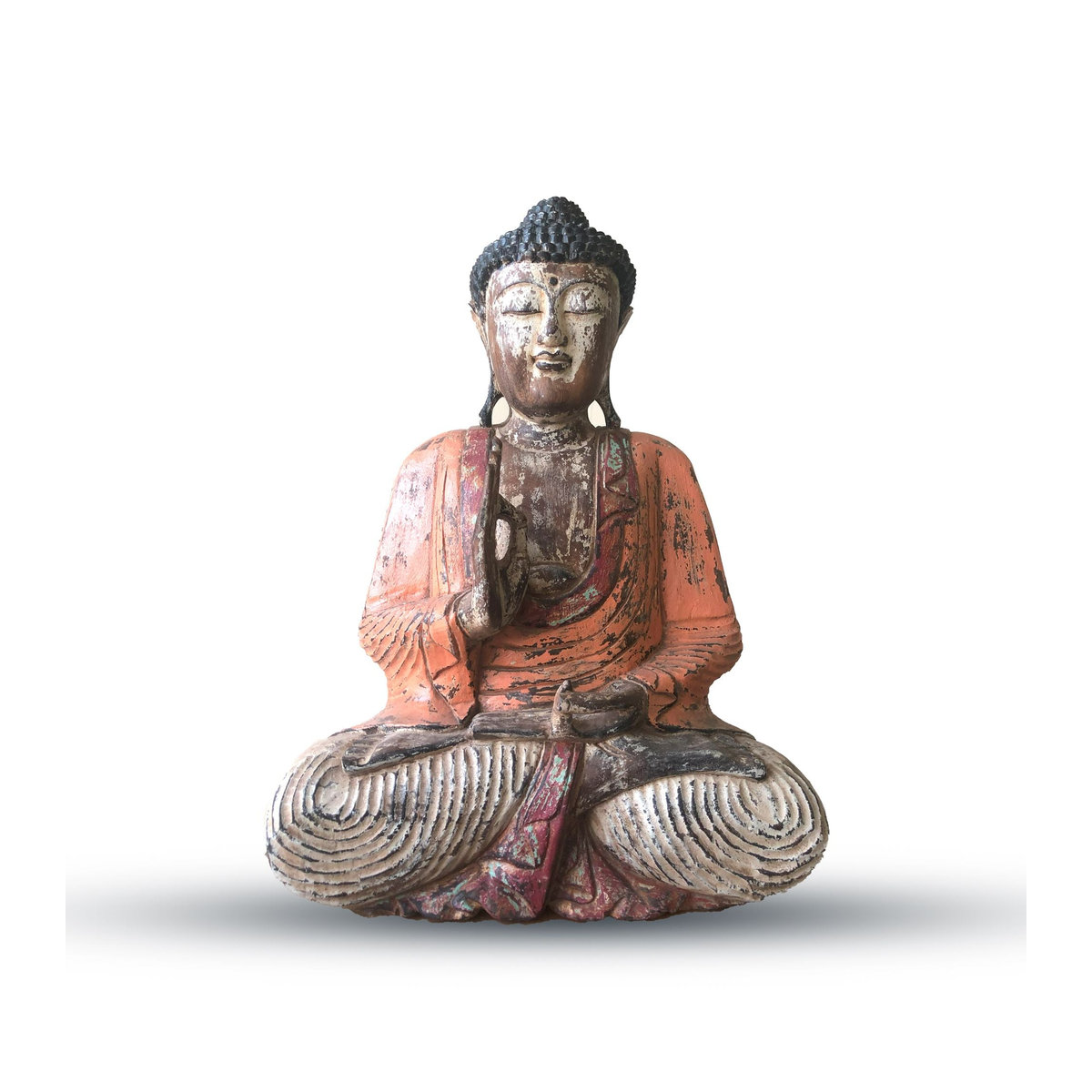 Handgeschnitzte Buddha-Statue aus Suar-Holz von SHAMTAM in Orange und Cremefarben, Höhe: 60 cm - Bild 2