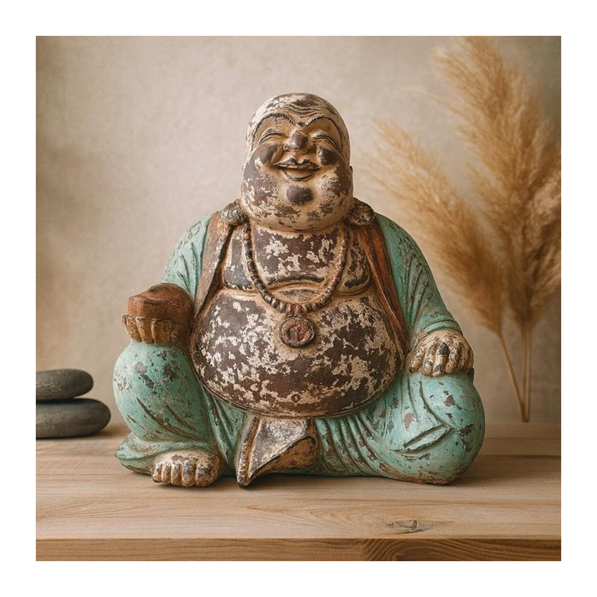 Handgeschnitzte Buddha Statue SHAMTAM im Vintage-Stil aus Holz, Farbe Minze, Höhe: 40 cm - Bild 1