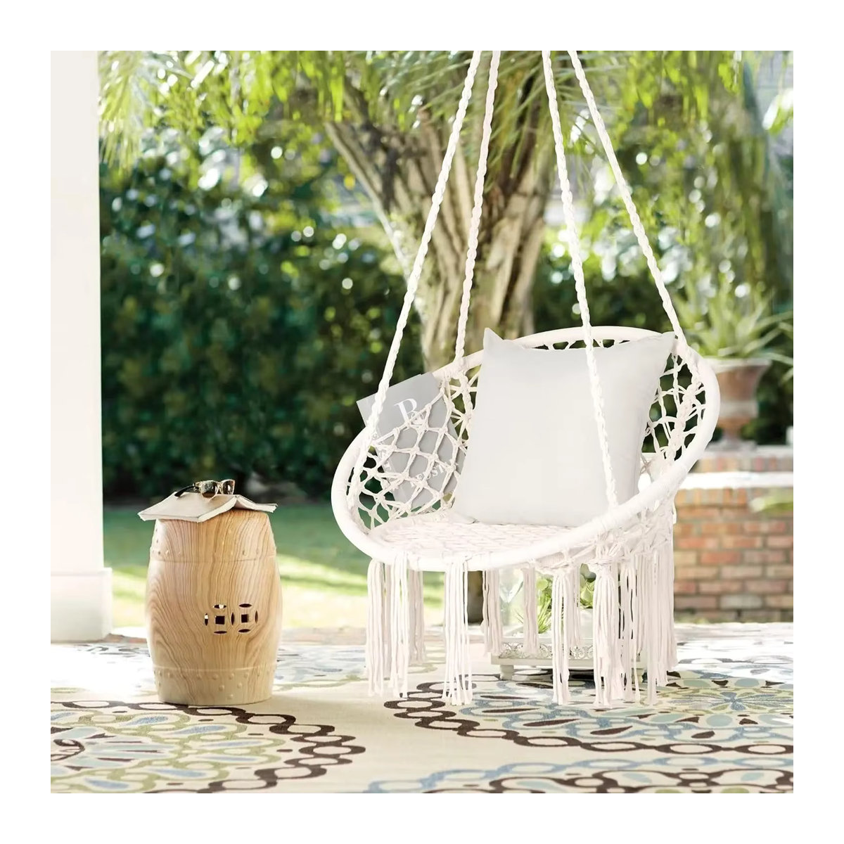 Handgewebte Makramee Schaukel aus Seil in Weiss für Garten, Terrasse oder Innenräume - Bild 4