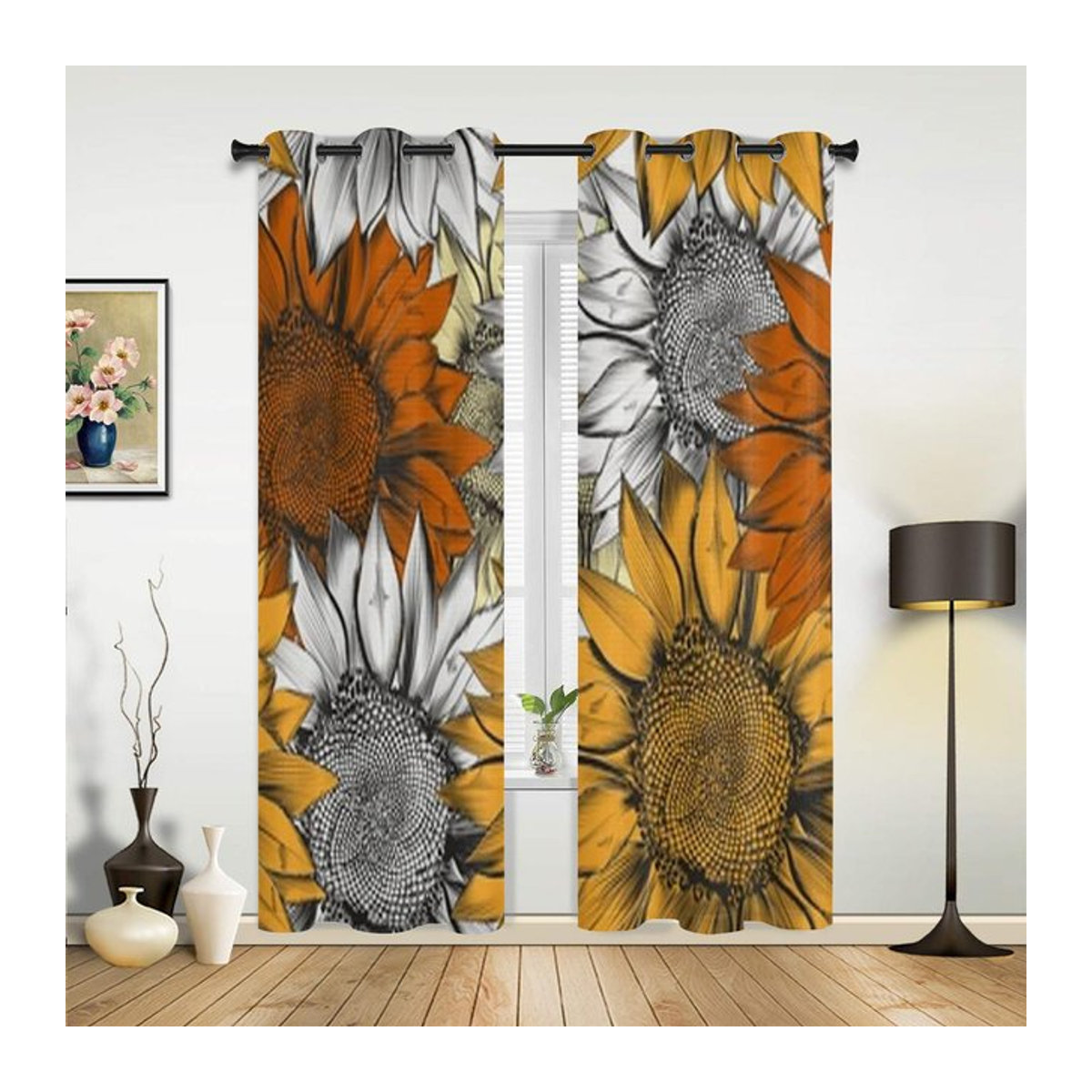 Handgezeichnete Sonnenblumen-Fenstervorhänge für Wohnzimmer und Küche, halbtransparent, Breite: 135 cm, Höhe: 60 cm - Bild 1