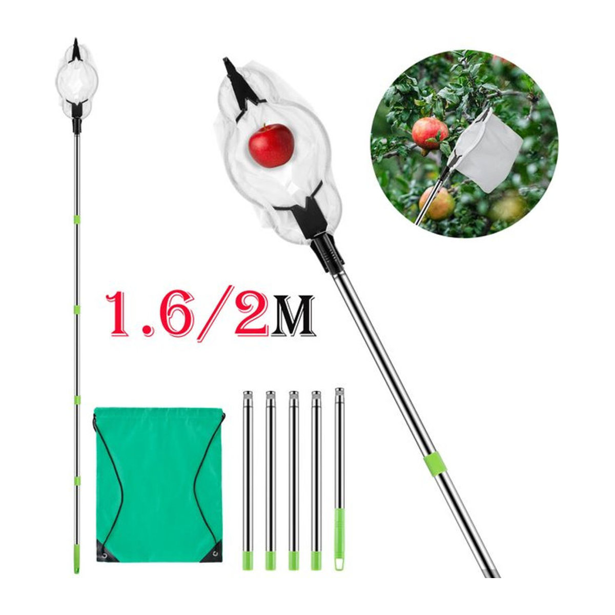 Hands DIY Obstpflücker aus Edelstahl mit Aufbewahrungstasche, verstellbare Höhe 1,6 bis 2 m, rutschfester Obstroder für den Garten - Bild 1