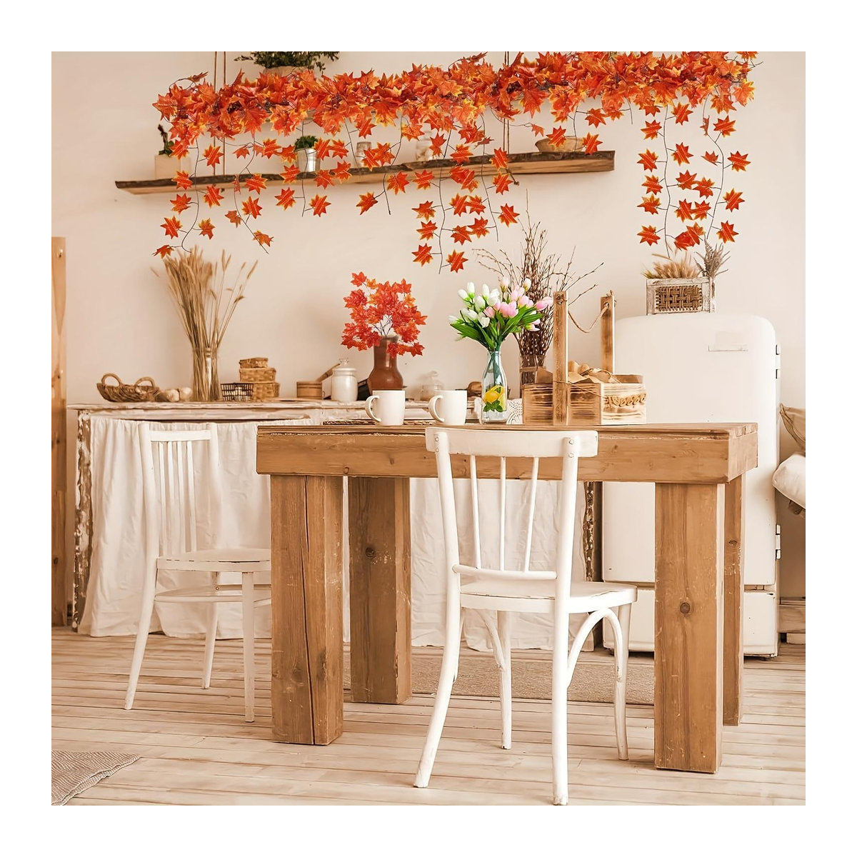 Hängender Herbstlaubkranz von ouyaohong mit künstlichen Ahornblättern aus Polyester für Erntedankfest, Halloween und Weihnachten - Bild 2